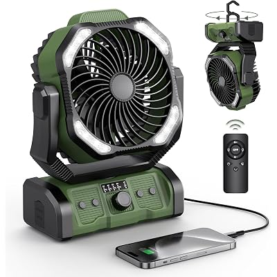 Peouix Portable Camping Fan Rechargeable - 20000mAh Cordless Battery Powered Tent Fans with LED Lantern, Remote Auto Oscillating Table Operated Ventilador for Travel Outdoor Beach
