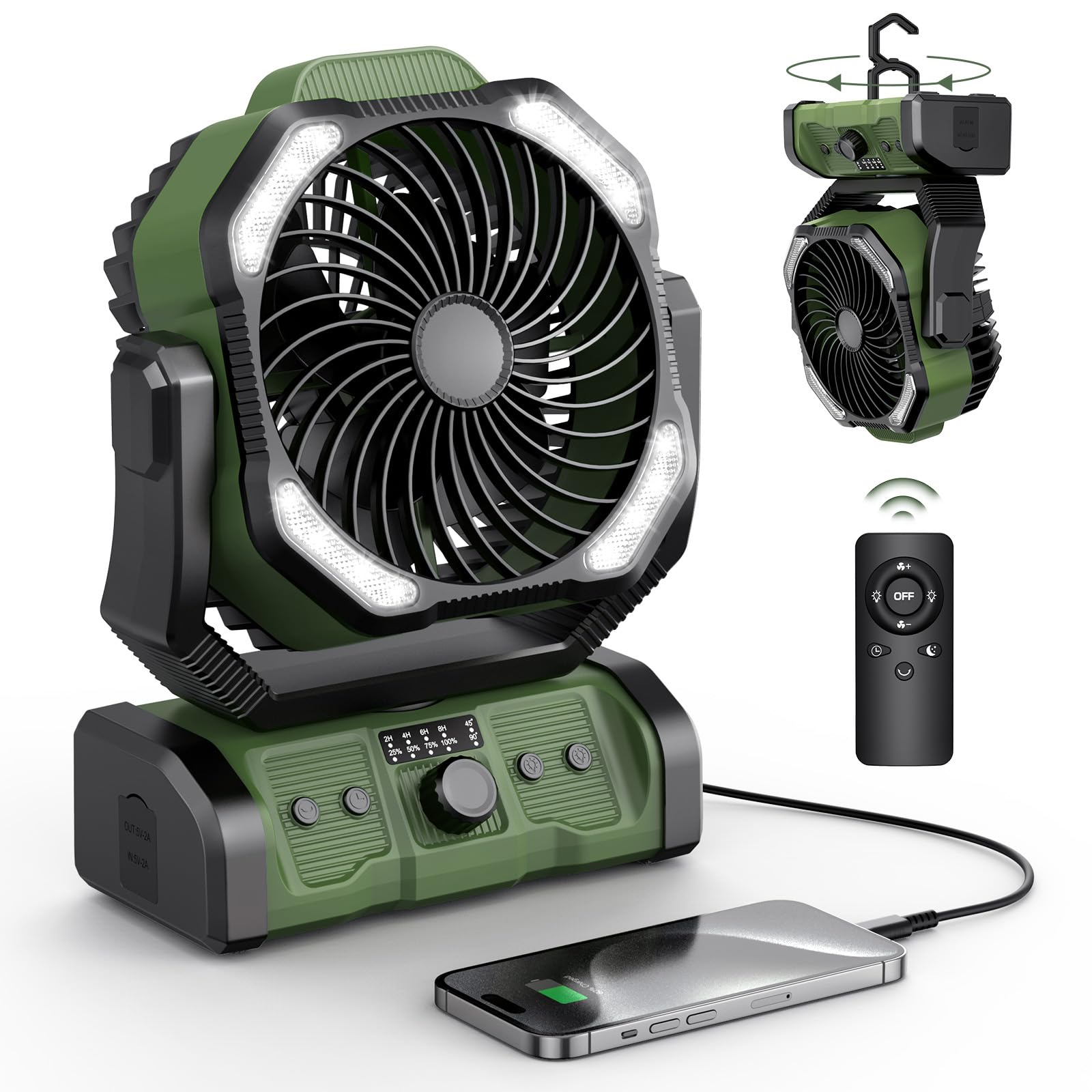 Ventilatore da campeggio ricaricabile portatile 20000mAh Ventilatori a batteria senza fili | con lanterna a LED, ventilatore da tavolo oscillante automatico USB C per viaggi, picnic, barbecue, tenda all'aperto