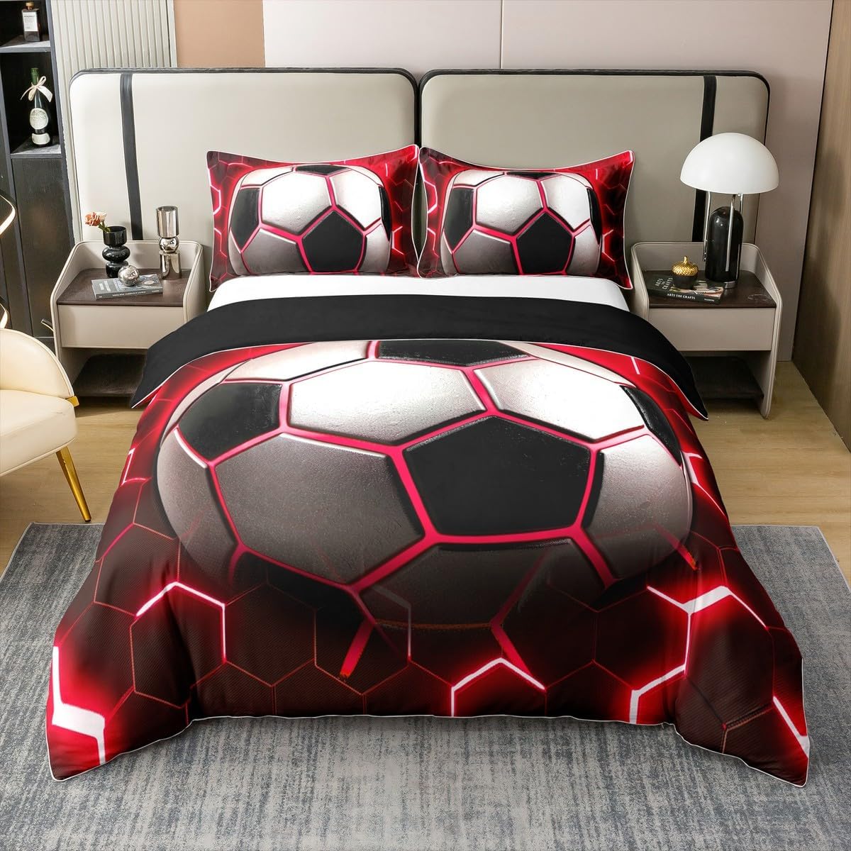 Erosebridal 100% Cotton Soccer Duvet Cover for Adult Teens,Red Lightning Honeycomb Bedding Set,Football Hexagon Comforter Cover,Game Sport Competition Quilt Cover,Twin Size 2Pcs Bedroom Decor