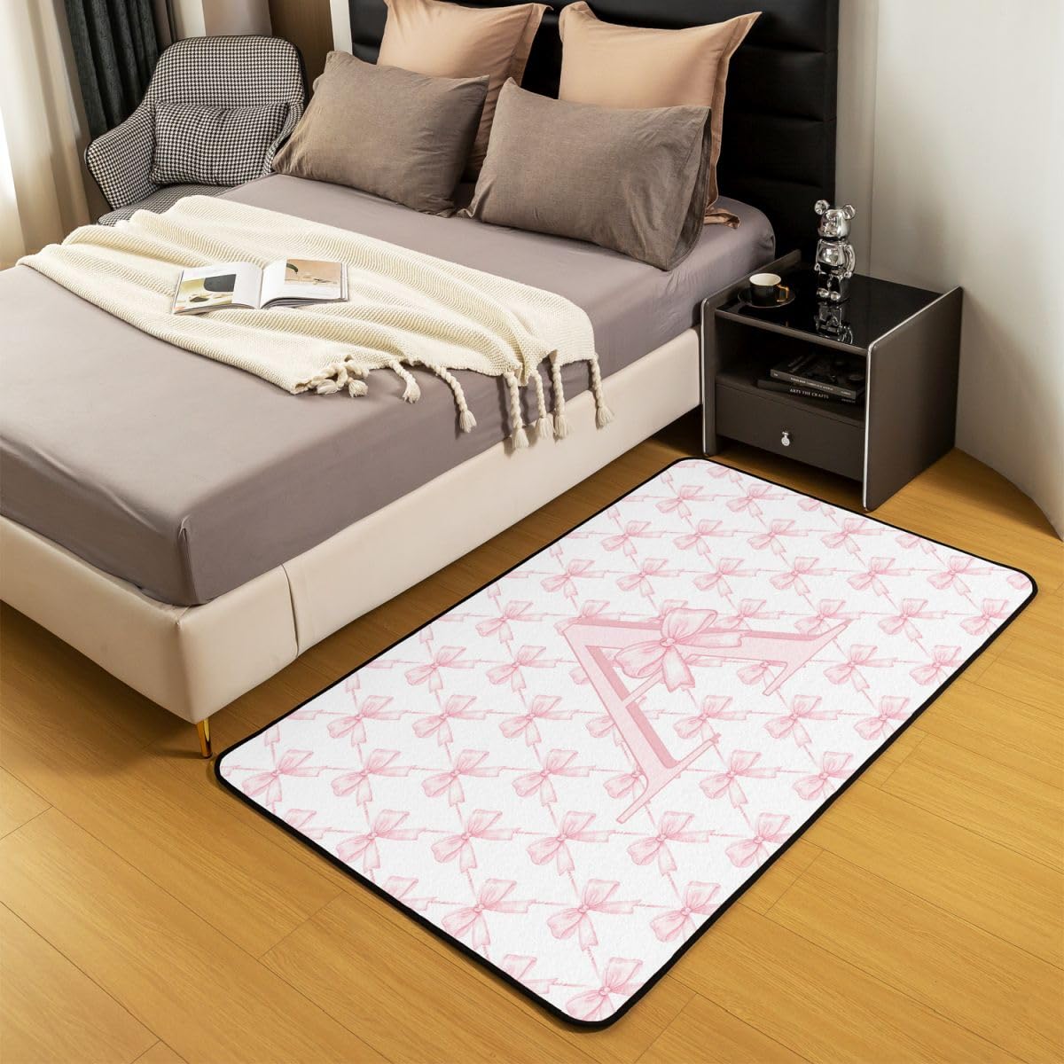 Tapis Salon 100x150cm Rose Noeud Papillon Tapis D Intérieur Letter 'a' Imprimer Antidérapant Doux Lavable Kawaii Princesse Style pour Salon Chambre Salle À Manger Cuisine Rose A