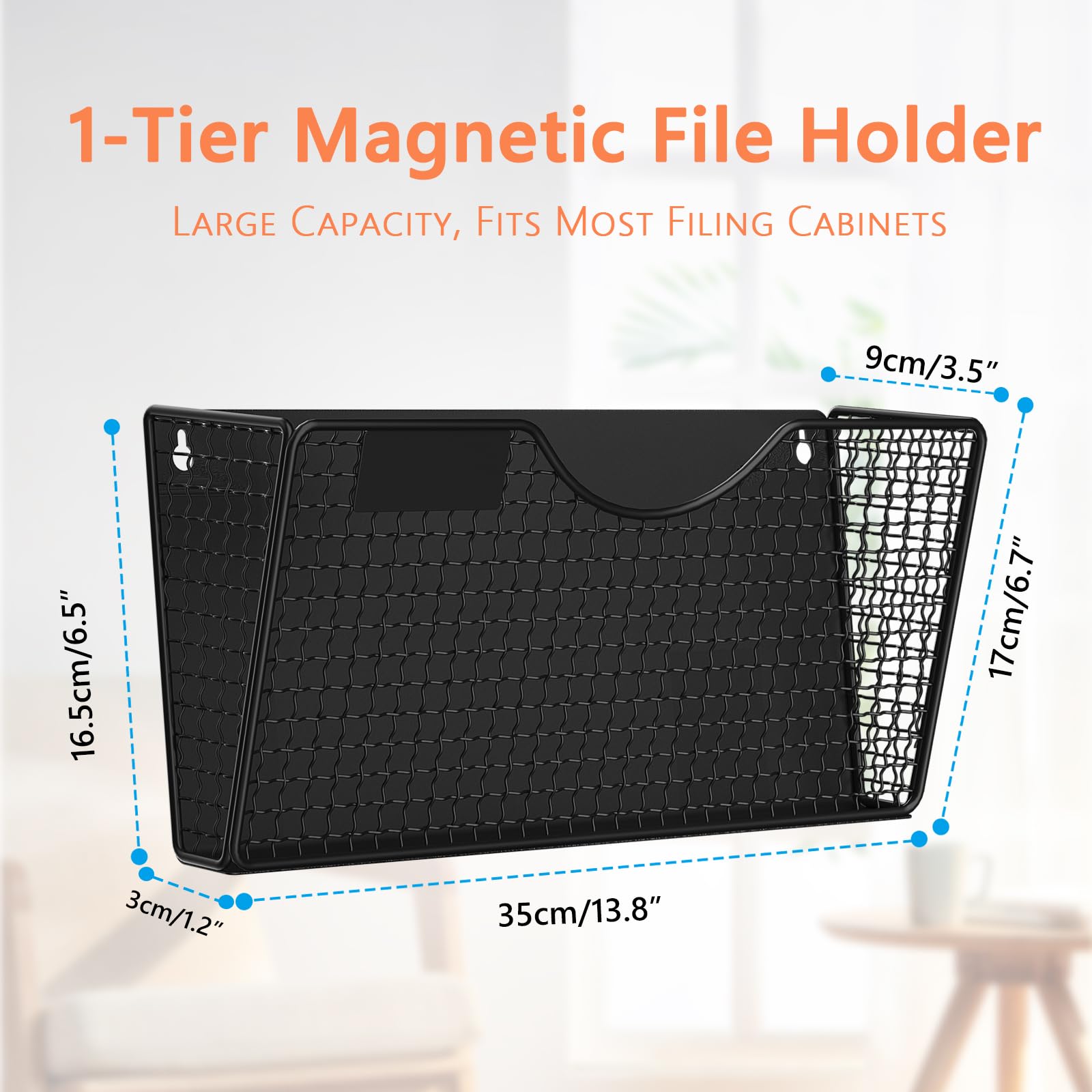 Magnetic File Holder, 1-tier No-Drill Magnetic File Folder Holder, Magnet Paper Mail Organizer, Magazine Basket, Hanging Wall Storage Rack for Fridge Cabinets Office Classroom (Black, 1 PACK(L)) - Image 3