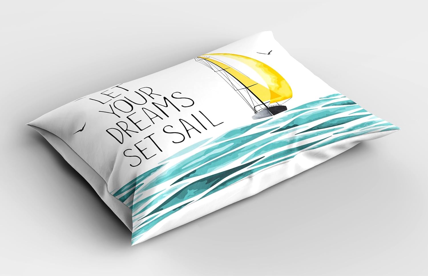 Ambesonne Sailboat Pillow Sham Set of 2, Let Your Dreams Set Sail Message Ogee Patterned Watercolored Waves, Quality Microfiber Bedding Item for All Seasons, 30" x 20", Sky Blue Yellow