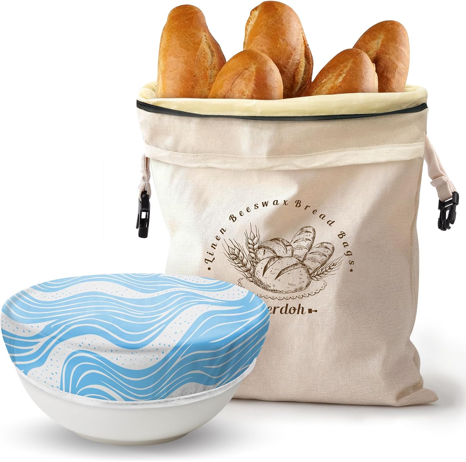 Bread Baker Set, 2 Packs XL Beeswax Braed Bag with Sealing Zip and 5 Packs Beeswax Bowl Covers （Navy Blue