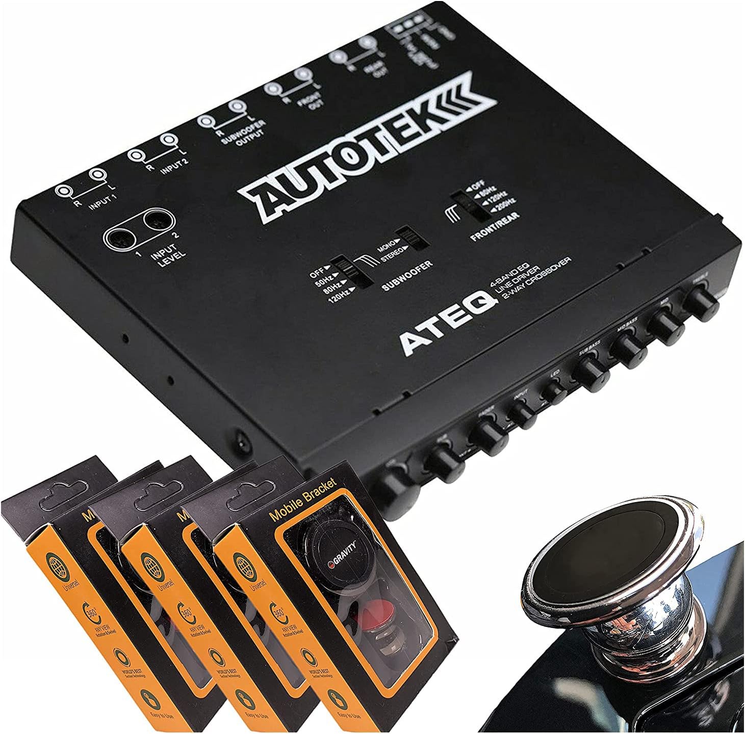 Autotek ATEQ 4-Band Audio Equalizer with Built-in 2-Way Crossover, 1/2 DIN, re-amp EQ with Front/Rear Active Crossover with 3 Gravity Magnet Phone Holder Bundle