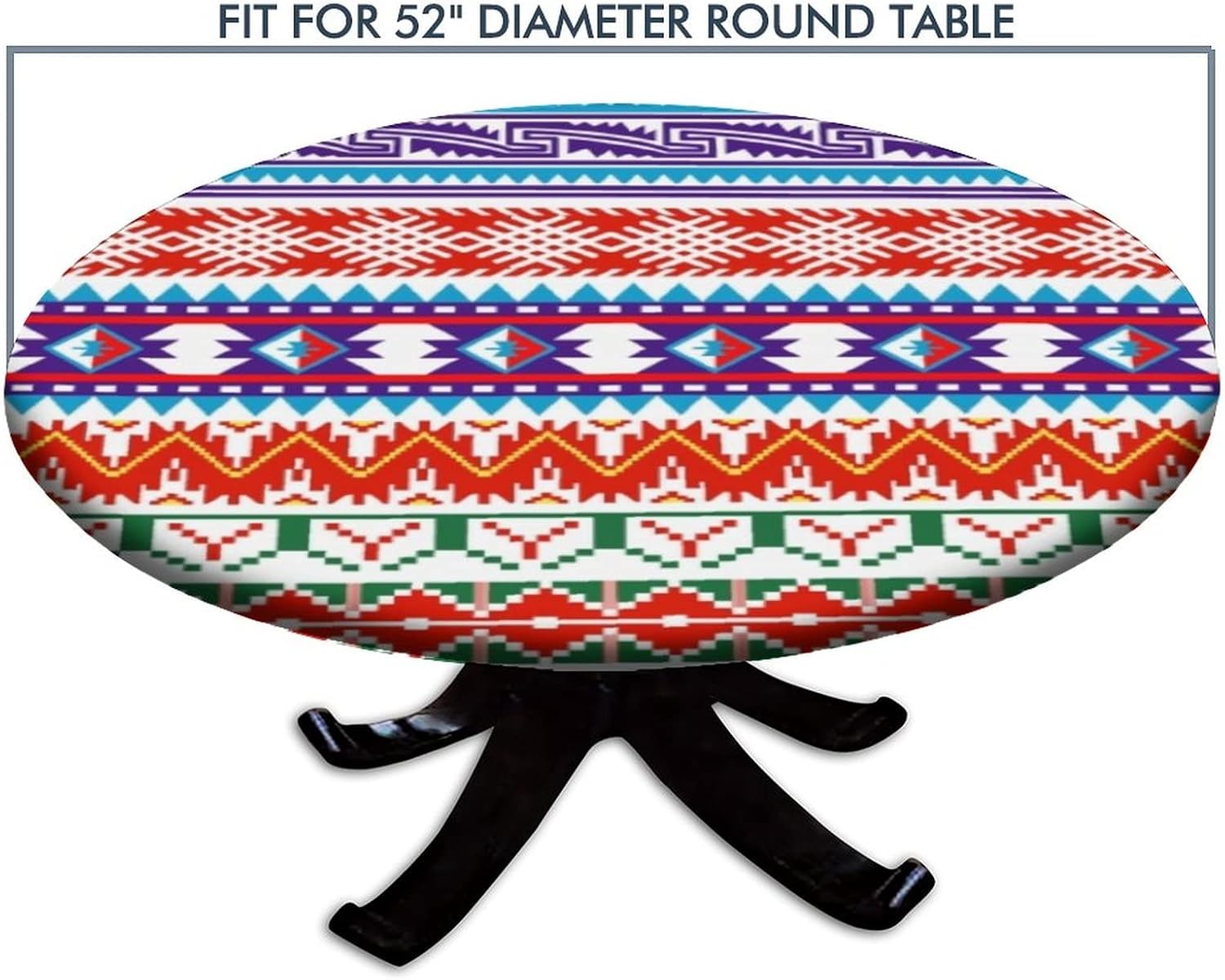 Native American Fitted Round Tablecloth, Waterproof Table Cover for Kitchen Dining Room, Geometric Traditional Culture Decoration Spill Proof Fabric Tablecloths for 48"-52" Table, White Green Red