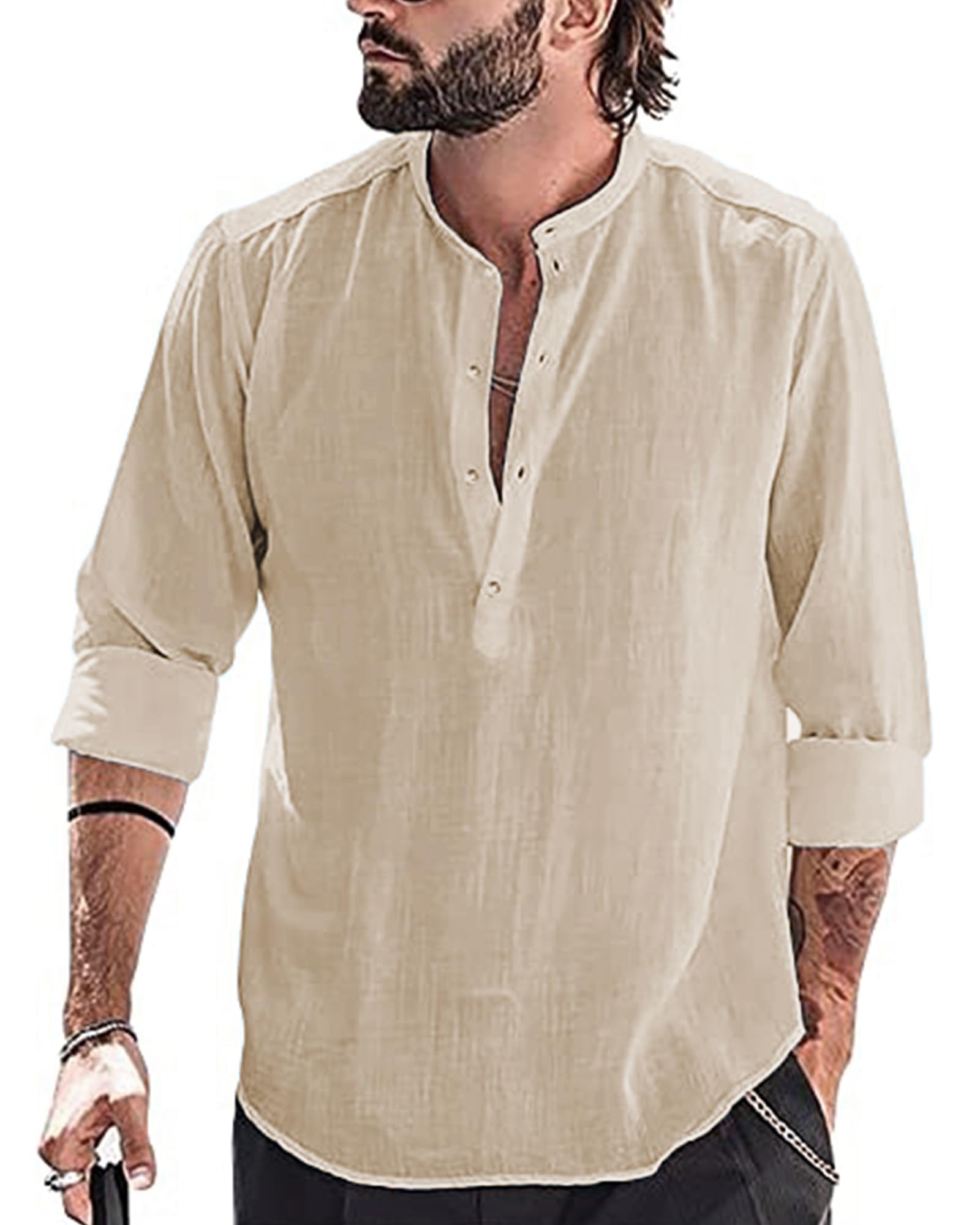 YAOBAOLE Hemden für Männer Herren Hemd Langarm Herren Baumwolle Leinenhemd Henley Shirt Fit Freizeithemd Shirts