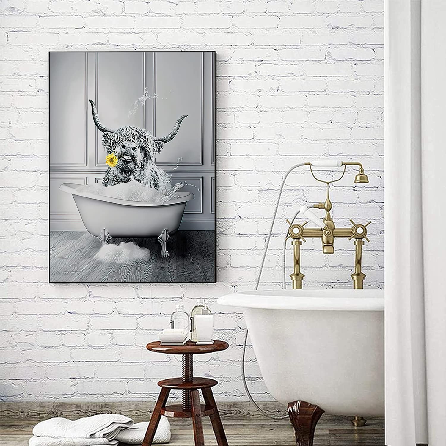 Quadri Decorativi Per Bagno A4 – Mucca Scozzese Umoristica Su Tela, Bianco E Nero (Senza Cornice)