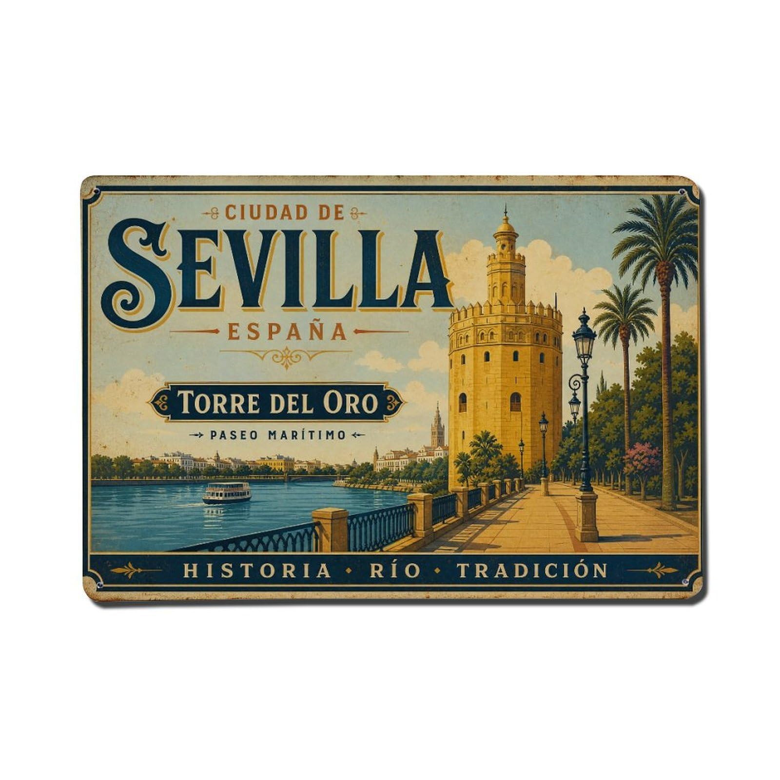Yrnq 08X12inch Vintage Style Vintage Torre Oro Riverside Promenade Walking Path Spain Metal Tin Sign