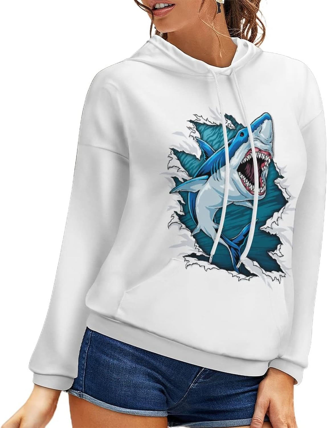 パーカー レディース 長袖 ファッション Tシャツ 怒ったサメ アニマル柄 ショート丈 スウェットパーカー トップス プルオーバー 上着 スウェットシャツ ダンス衣装 フード付き 春秋服 可愛い セクシー おしゃれ カジュアル S 4xl Cafe Du Jardin Com