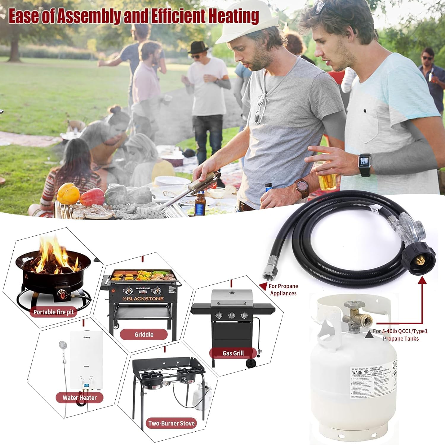 Uniwersalny regulator grilla i wąż do większości grilli gazowych LP, zamiennik do Charbroil, Nexgrill, Weber, Napoleon S85001, stół paleniskowy, wąż QCC1/Type1 z regulatorem, nakrętka 3/20.3 cm żeńska