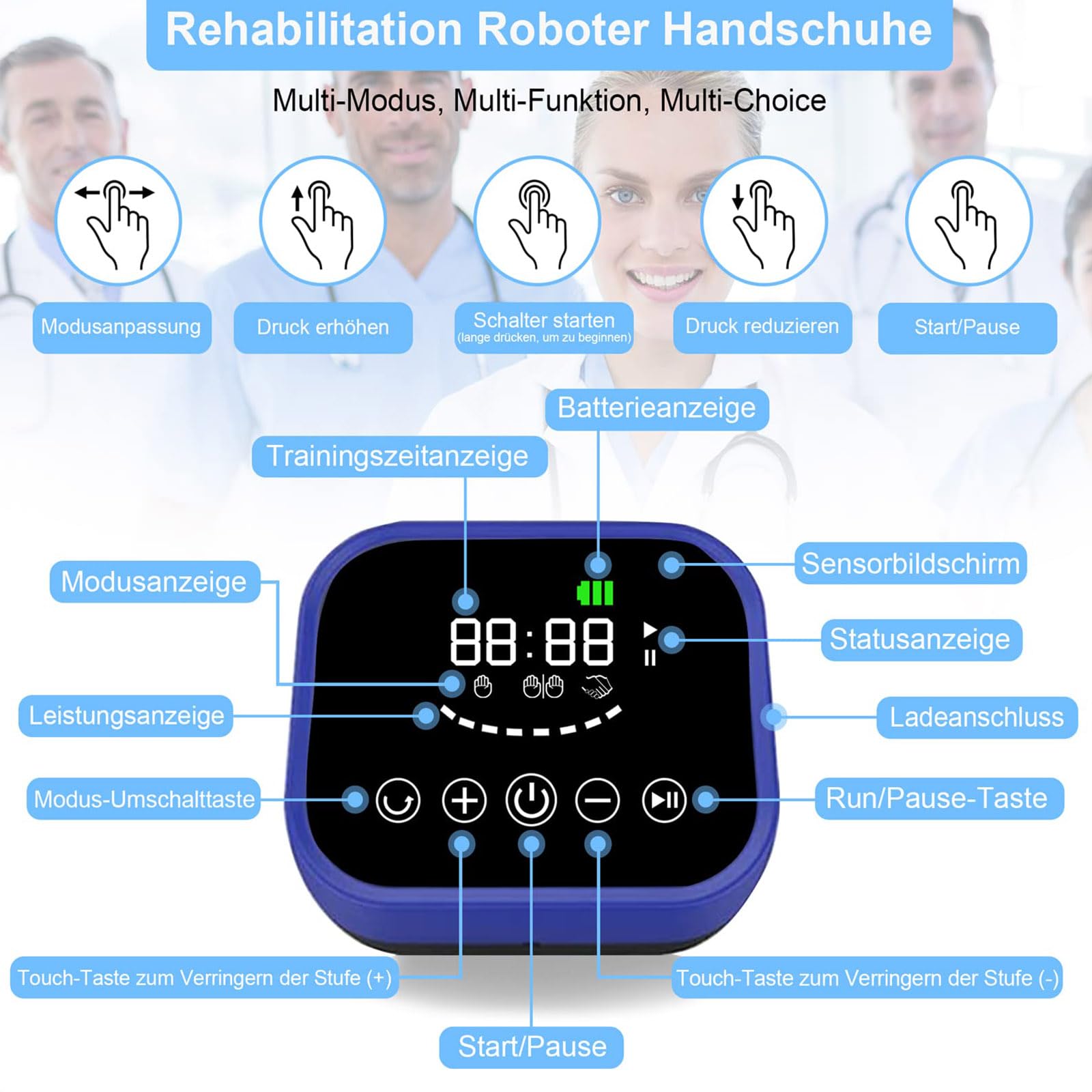Rękawica Do Terapii Ręki Robota, Pasywny PrzyrząD Do ćWiczeń Palców Do Rehabilitacji Po Udarze I Rehabilitacji Ruchowej,Rękawice Do Rehabilitacji Po Udarze Blue XXL