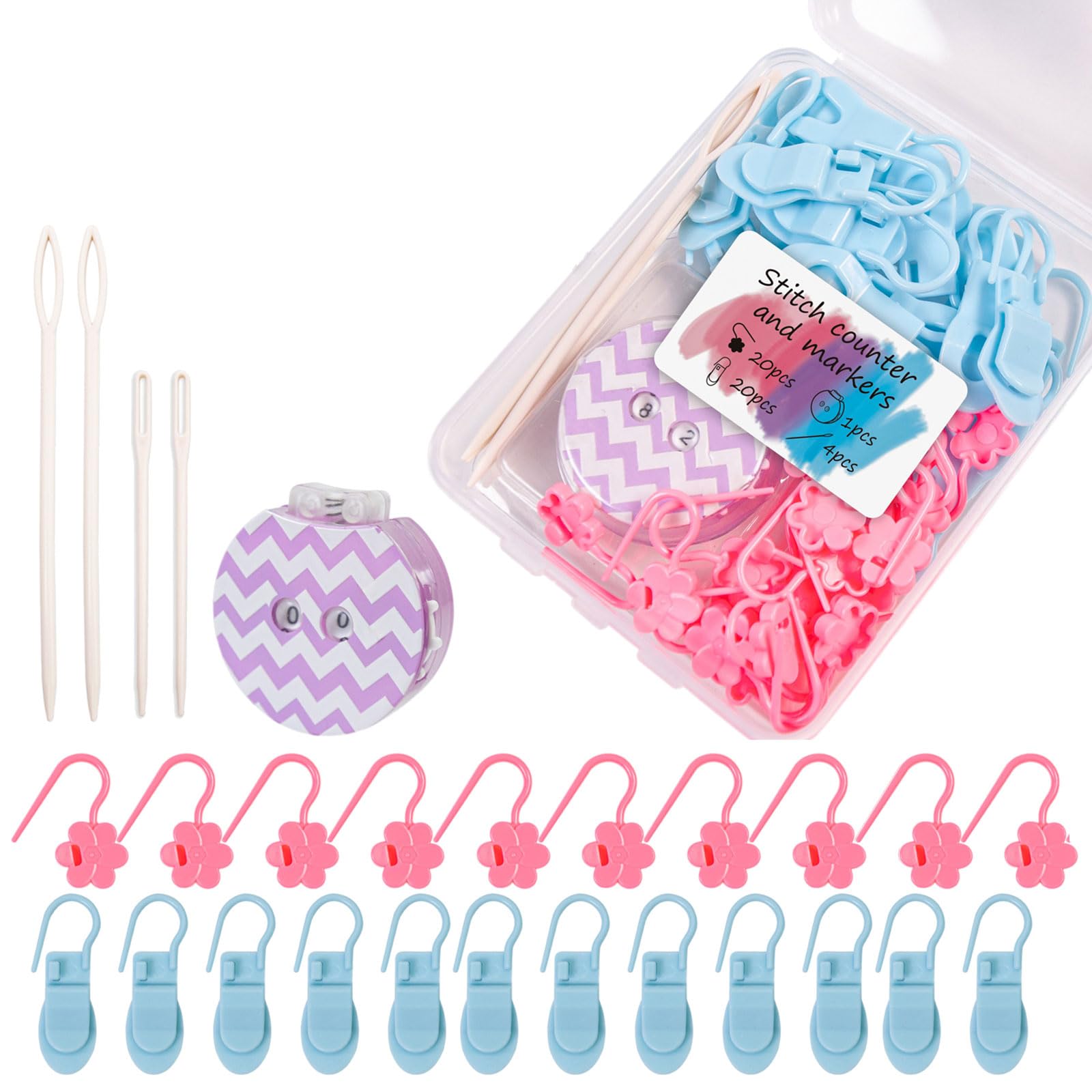 Row Counter and Loop Clip Accessories for Knitting Projects with Locking Clips, Bulb Markers and Yarn Finishing Tools Crochet Loop Clips Knitting Row Counter Yarn Finishing Tools Clear Storage Case