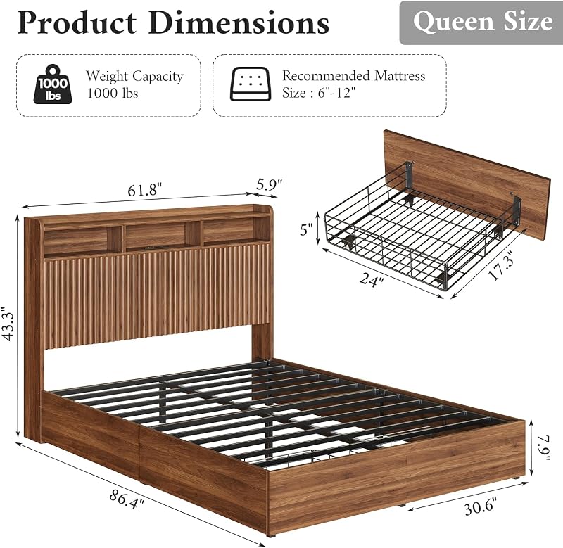 Queen Bed Frame with Headboard and Storage Drawers, Queen Size Platform Bed Frame with LED Lights and Charging Station, Fluted Wood Grain Design, No Box Spring Needed, Walnut image 2