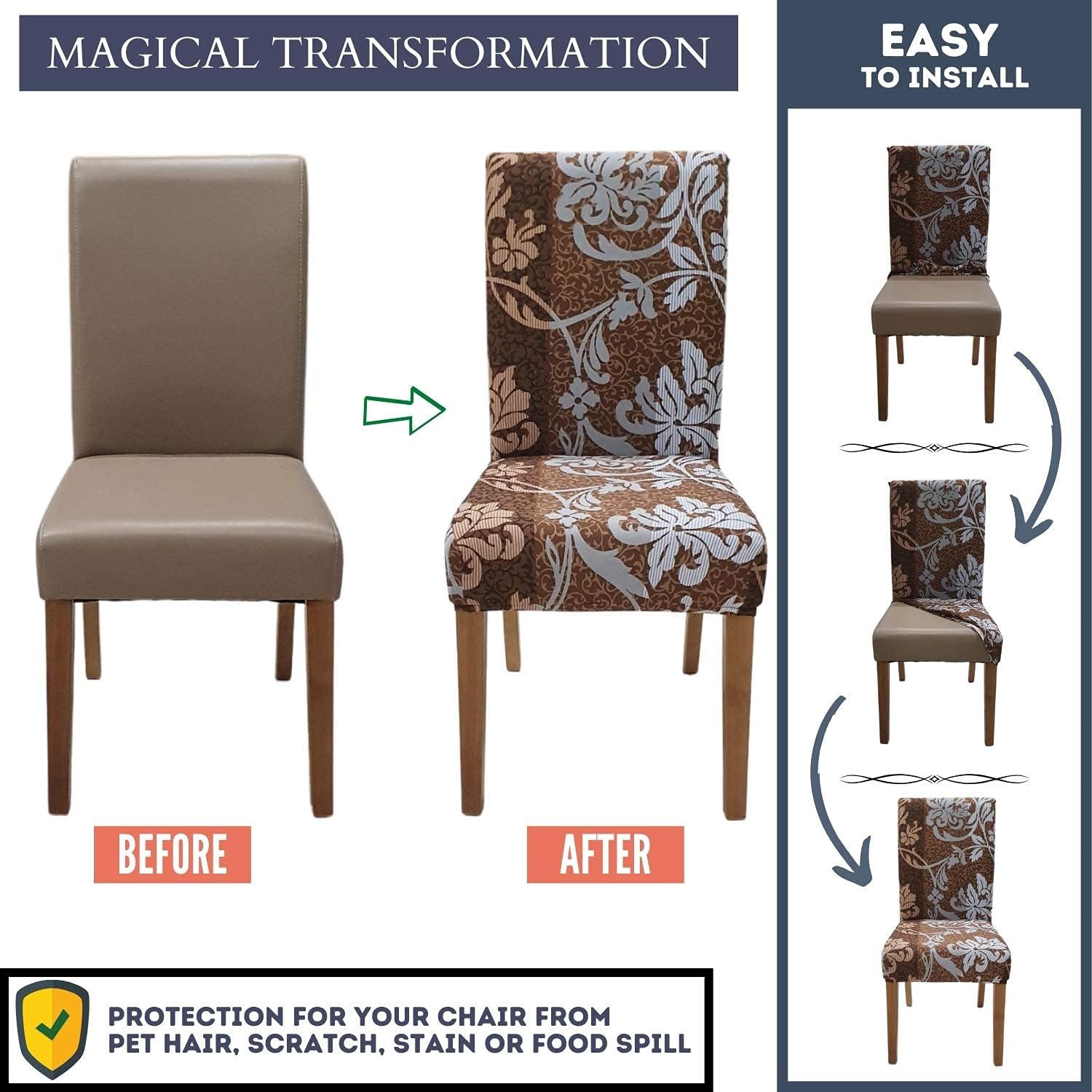 SPRINGRICO Chair Covers for Dining Room Set of 4, Stretch Dining Chair Cover, Washable Spandex Kitchen Parsons Chair Slipcovers, Removable Seat Protector for Home or Party (4 Pack, Floral BROWN1)