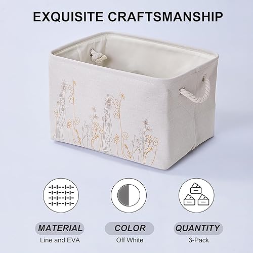 Miniatura 3 de Cesta de almacenamiento de 3 unidades, cesta de almacenamiento de tela para tres tamaños, bordado floral, cestas de almacenamiento de lona plegables
