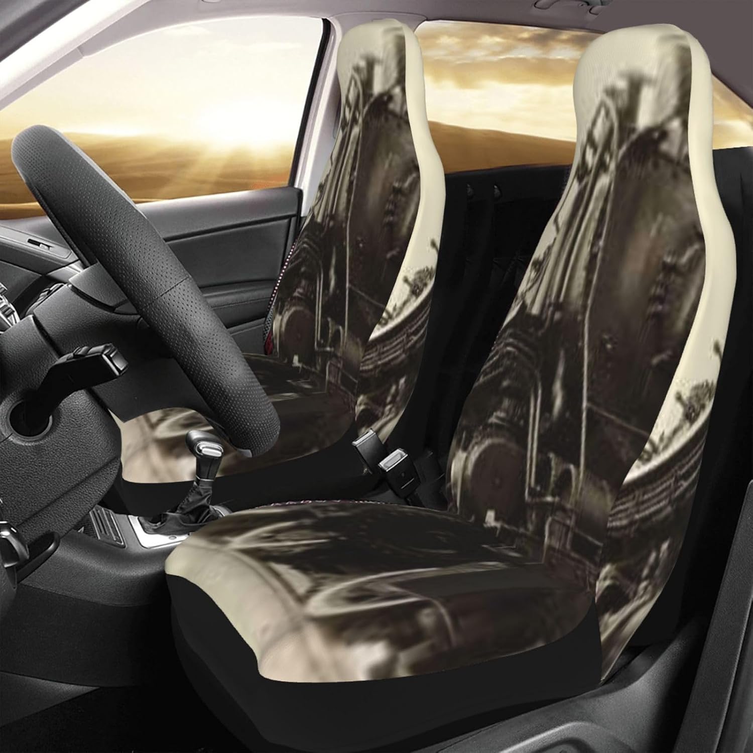 Vintage Style Photo of Steam Train Car Seat Covers 2-Pack - Fit for Sedans, Trucks, Suvs, Automotive Seat Protectors with Reinforced Stitching