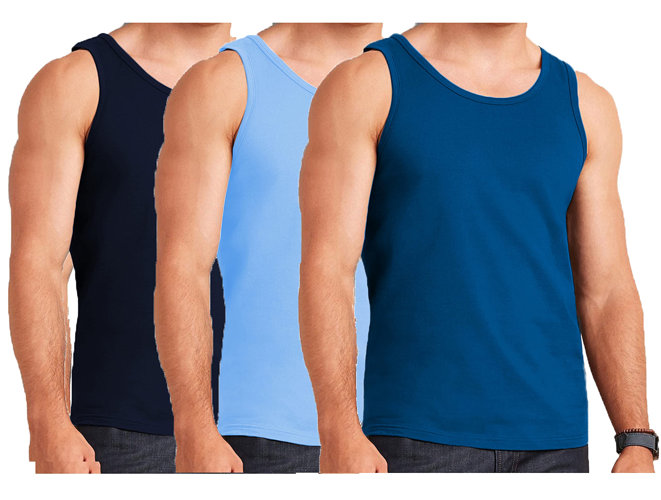 Mens Vest 100% Cotton Gym Training Tank TOP T Shirt MESH Sleeveless Summer Gym (M, Mixed Blues)
