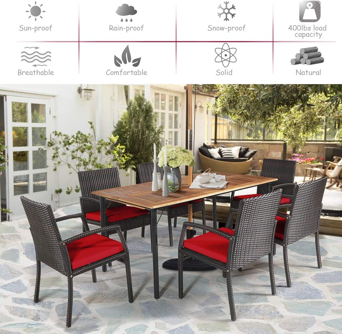 COSTWAY 7-Piece Outdoor Patio Furniture Set, Rattan Dining Table & Chairs with Cushions, Umbrella Hole & Tempered Glass Tabletop, Modern Garden Rattan Set for Backyard, Poolside, Balcony (Red)