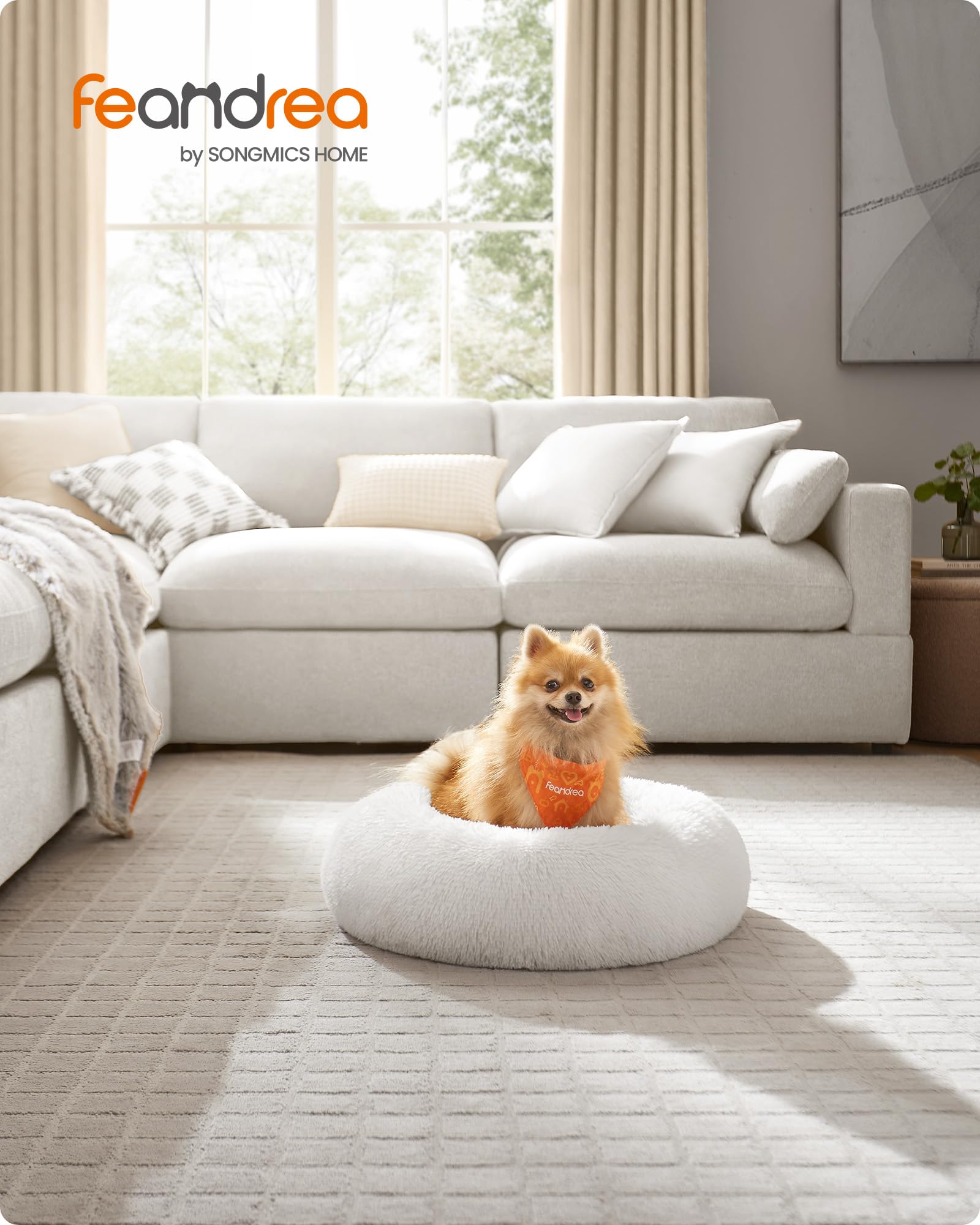 Feandrea Cuccia Cane Interno, Cuccia per Cani, Lettino per Animali Domestici a Ciambella, Cuscino Sfoderabile e Lavabile, Tappeto di Peluche, Diametro 60 cm, Bianco Nuvola PGW038W01