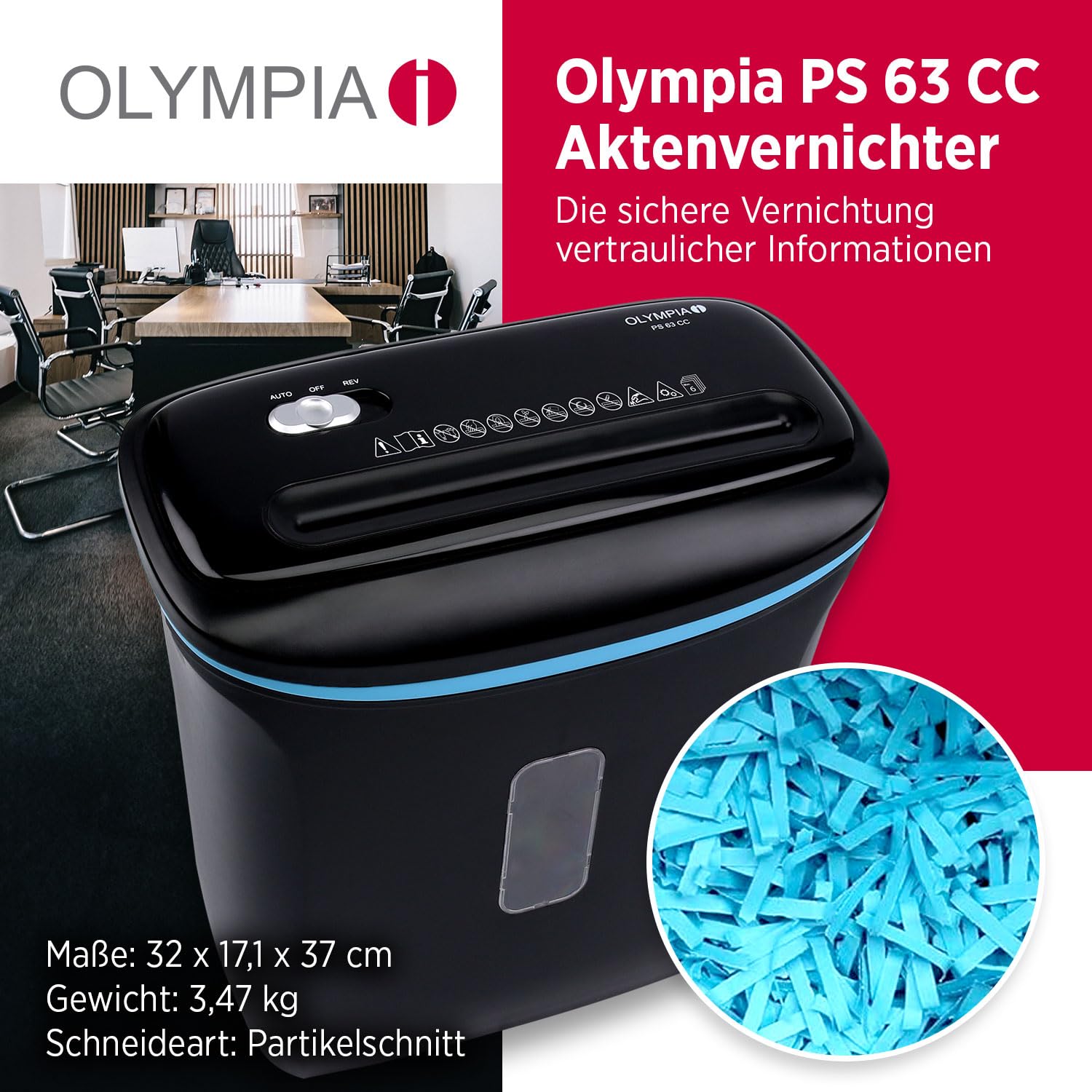 Olympia PS 63 CC niszczarka do dokumentów, cięcie krzyżowe, do 6 arkuszy, cięcie cząstek 4 mm, niszczarka papieru i kart kredytowych, poziom bezpieczeństwa P4, cicha praca 70 dB, pojemnik na ścinki 12
