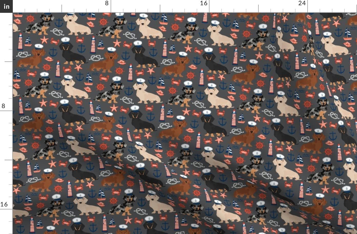 Spoonflower Fabric - Dachshund Dog Nautical Summer Charcoal Dogs Anchors Printed on Organic Cotton Sateen Fabric by The Yard - Sewing Quilting Apparel Home Decor