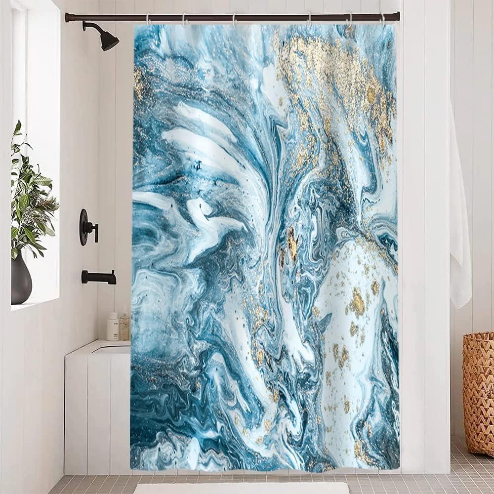 Cortina Ducha Azul, Uiiooazy Cortina Ducha Pequeño Mármol Efecto Gris Oro Abstracta Cortina de Ducha Antimoho Impermeable Tela de Poliéster Lavable Cortina de Baño para Bañera con 6 Ganchos 90Ax180Lcm