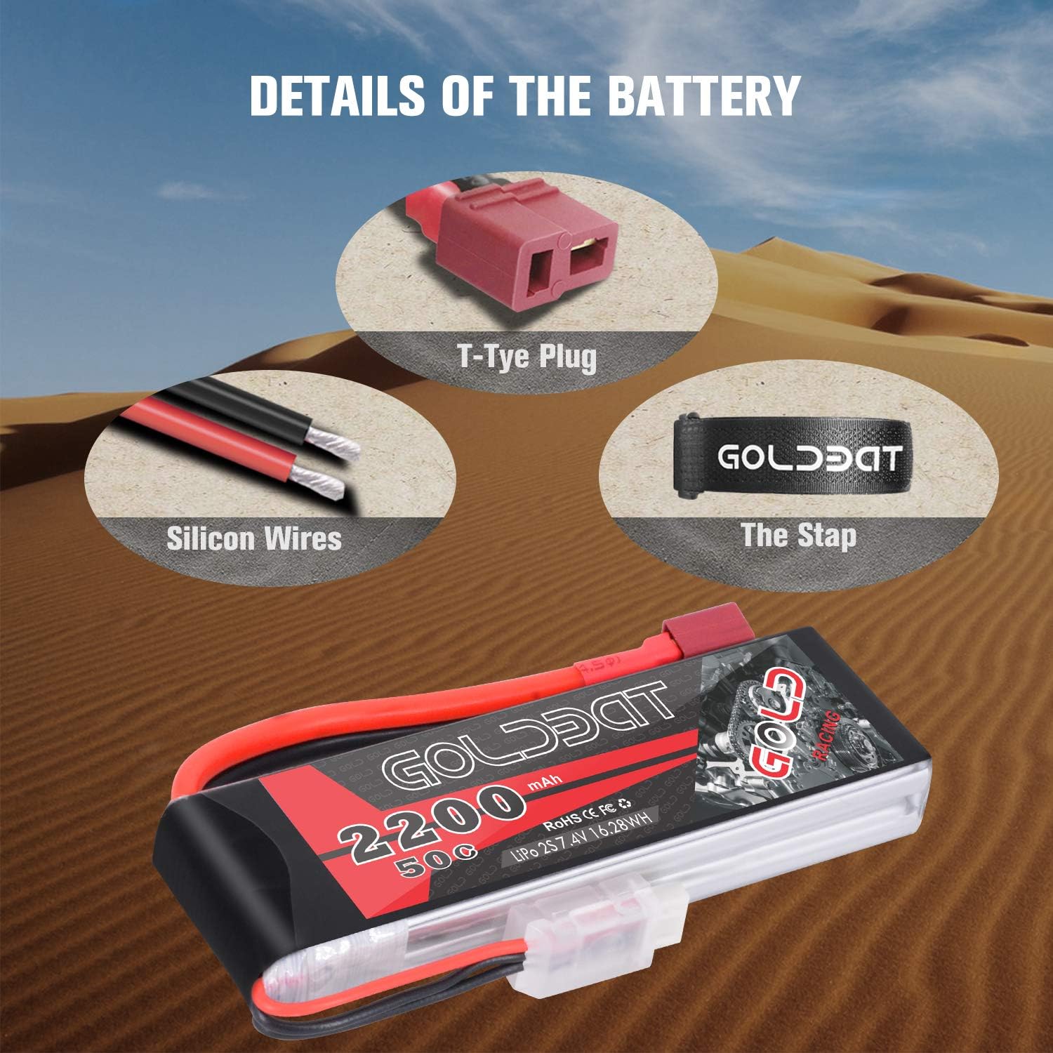GOLDBAT 11.1V 2200mAh 3S 50C Lipo Battery for RC Evader BX Car Truggy Truck Airplane (2 Pack)