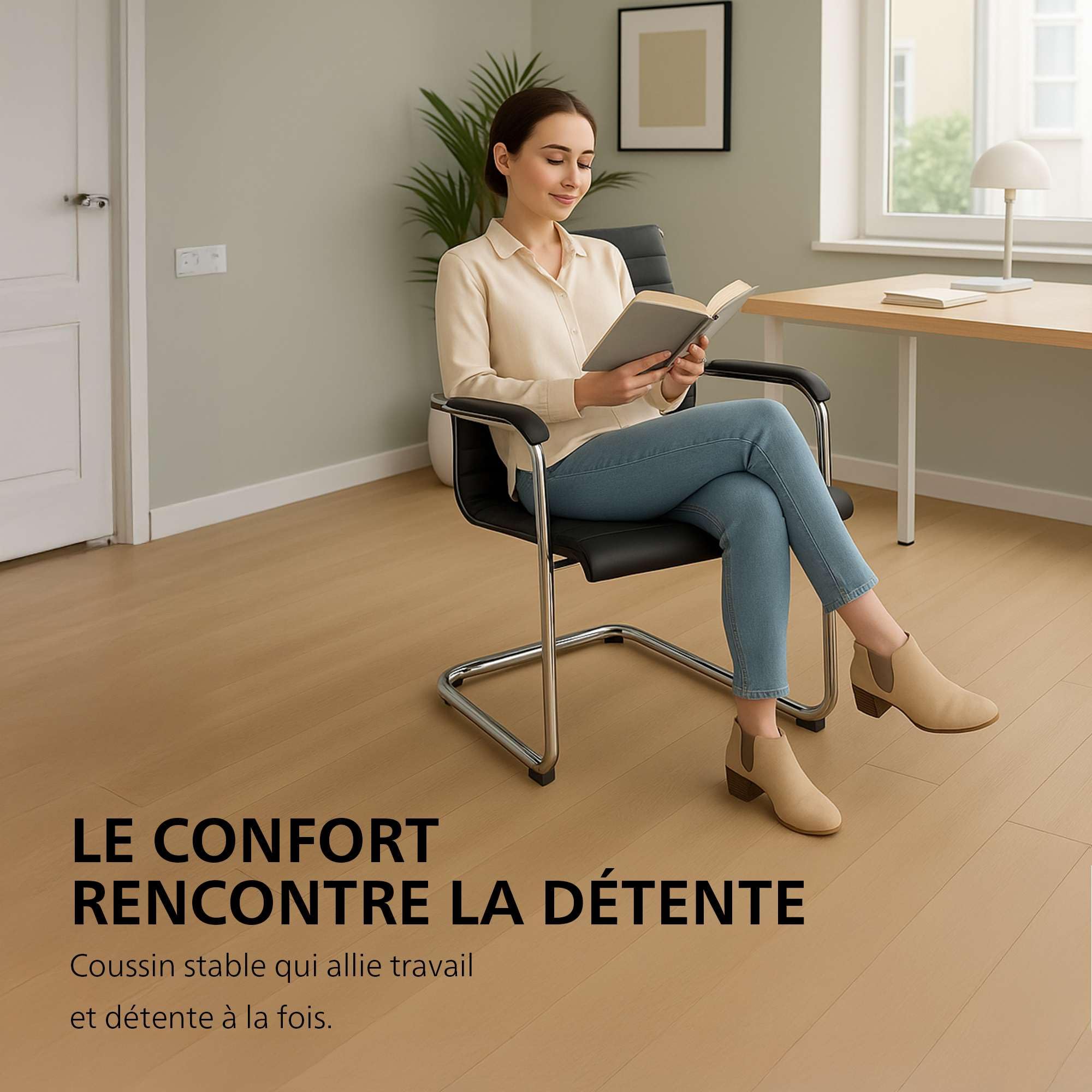CLP Chaise de Bureau Ergonomique Hakon, Cantilever avec accoudoirs, Structure en métal chromé, Chaise Visiteur Noire, Couleur:Noir
