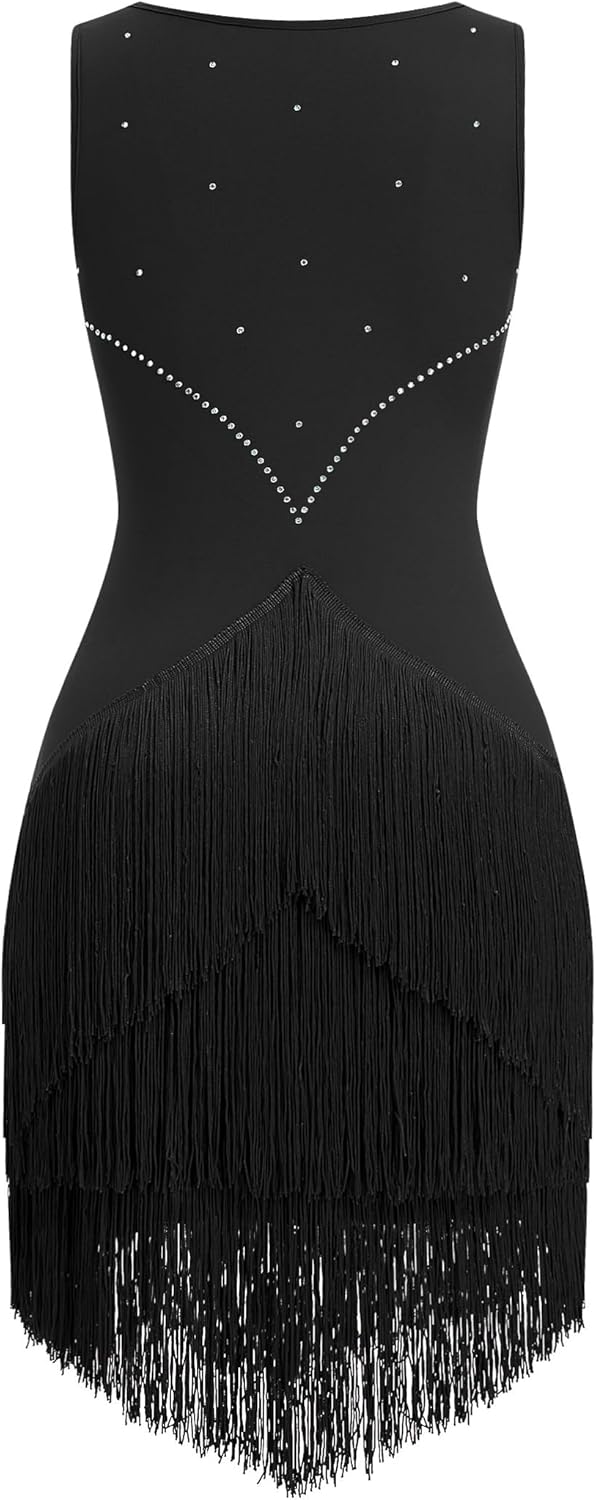Women Latin Dance Dress Sleeveless V Neck Rhinestone Top Midi Fringe Skirt Adult Sparkly Jazz Ballroom Dance Outfits