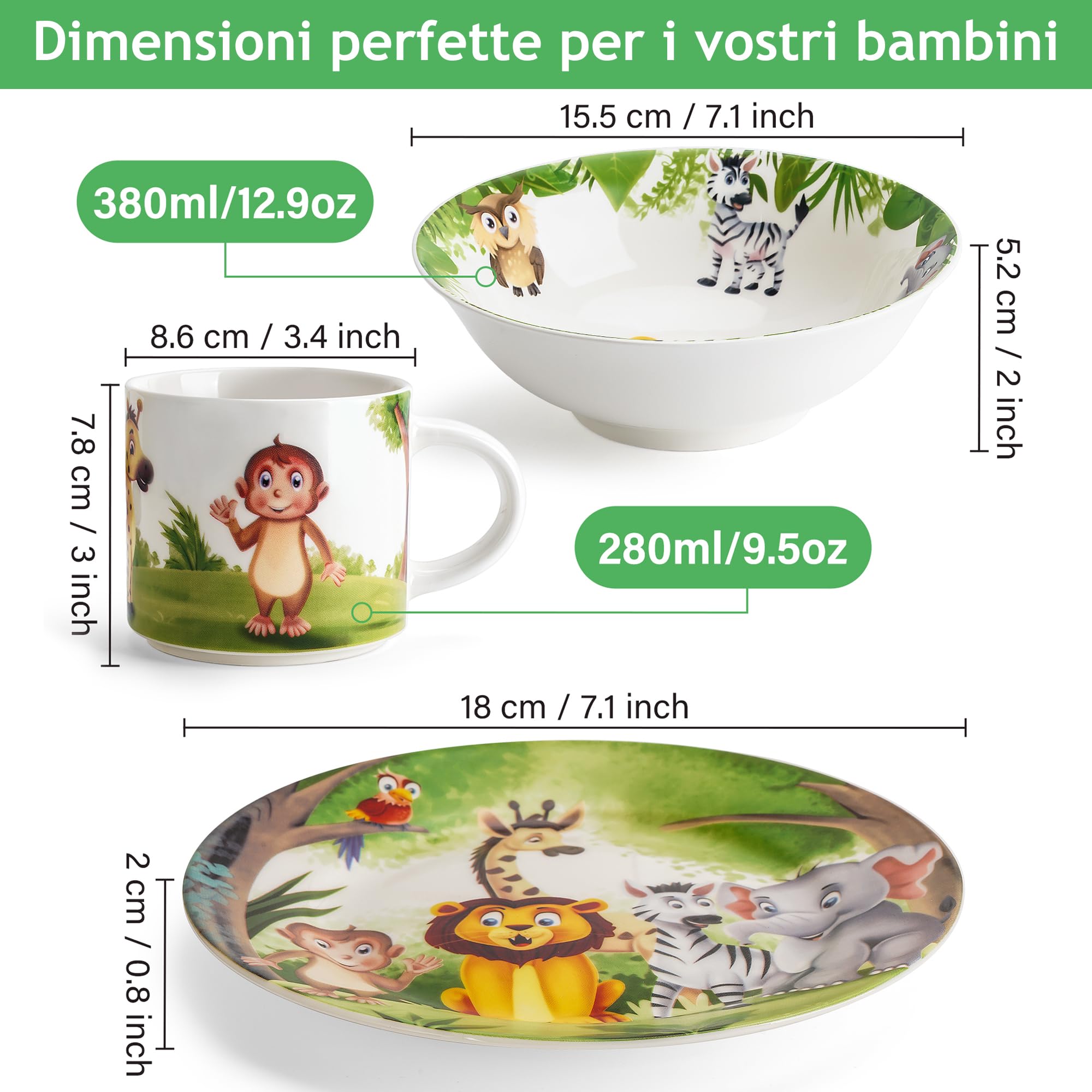 MIAMIO - Set di 3 stoviglie per bambini/piatti per bambini, set di piatti per bambini, set di stoviglie per bambini - include piatti, ciotole e tazze - per bambini e bambini piccoli (Giungla)