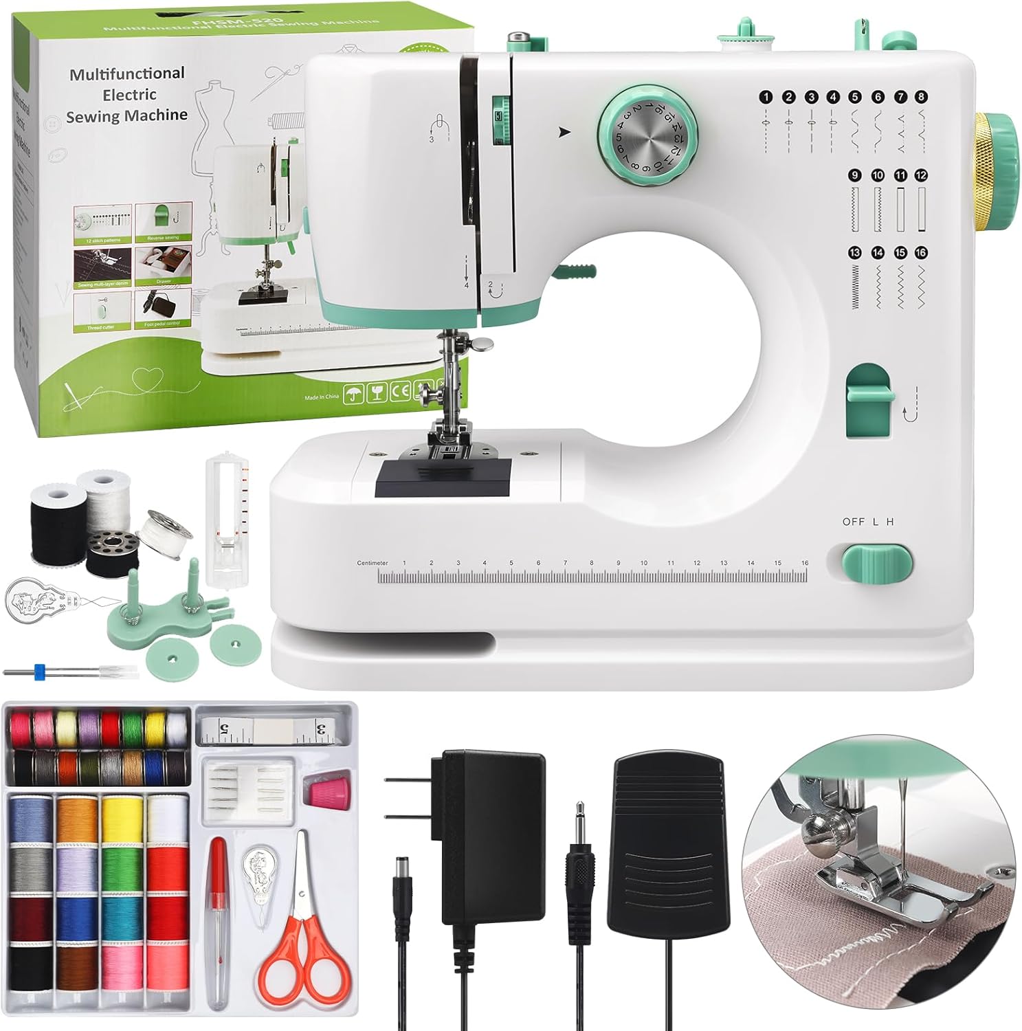Mini Sewing Machine for Beginners with 32 PCS Threads Kit,16 Built-In Stitches, Multifunctional Portable Sewing with Foot Pedal Small Sewing Quilting Machine for Mending (Green)