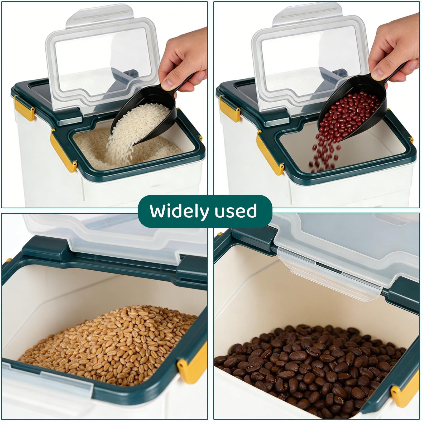 Set di 2 contenitori ermetici per farina da 20 kg con coperchio di chiusura, grande contenitore per riso e farina con ruote e misurino, dispenser per alimenti secchi senza BPA per cucina e