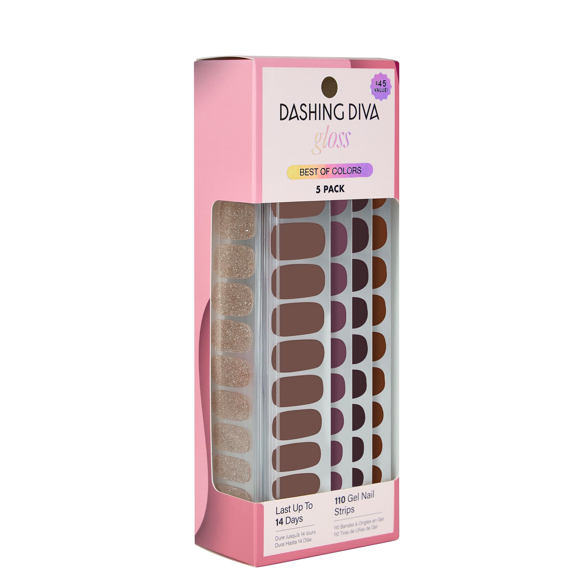 Dashing Diva Gloss Nail Strips 5-in-1 Kit - Best of Browns - UV Free, Chip Resistant, Long Lasting Gel Nail Stickers - Contains 110 wraps, 5 prep pads