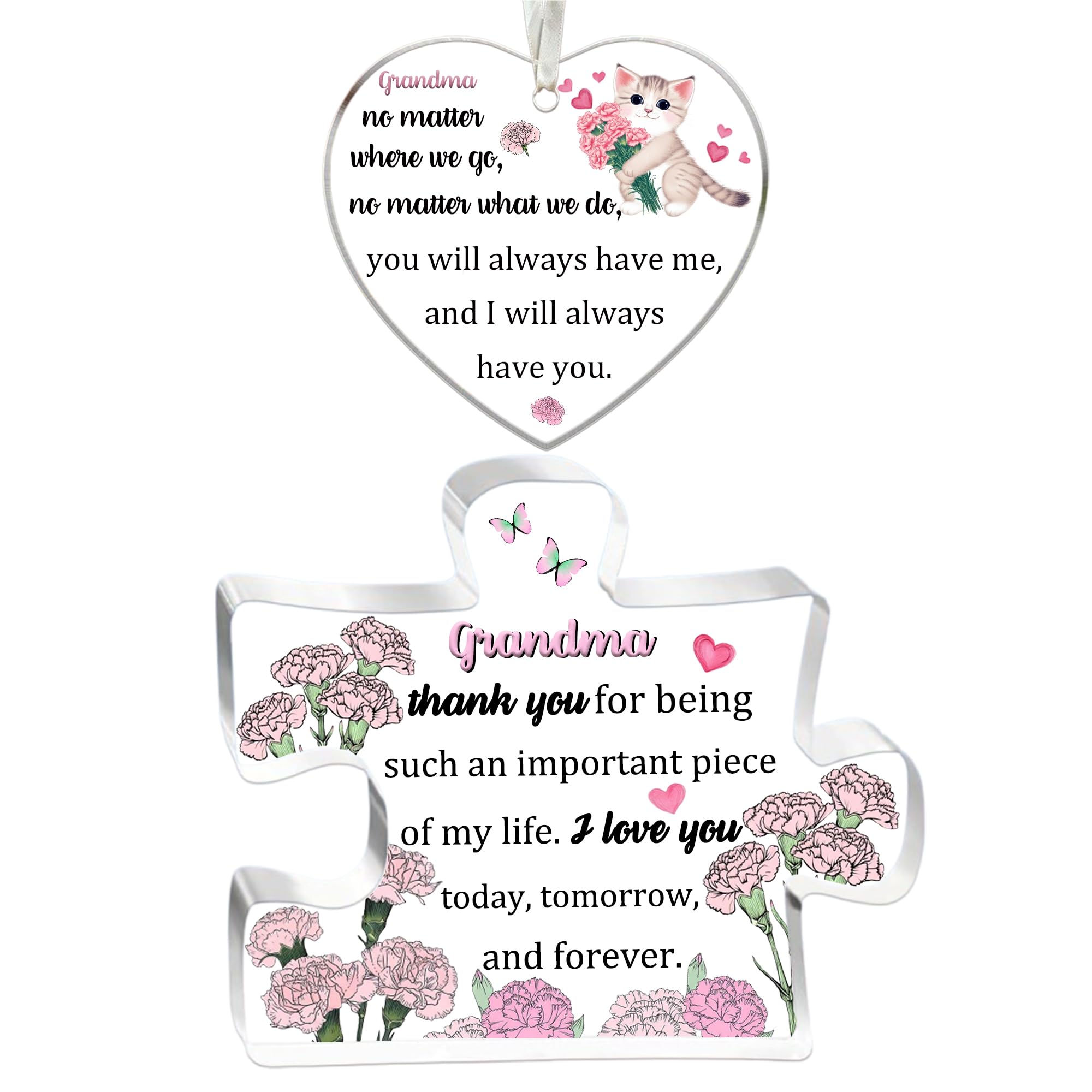 Grandma Gifts Women 2PC Set Acrylic Puzzle Plaque Heart Hanging Ornament Mothers Day Birthday Grandmother Appreciate Thanksgiving Christmas Thank You Keepsake Retired from Grandson Granddaughter — image 1