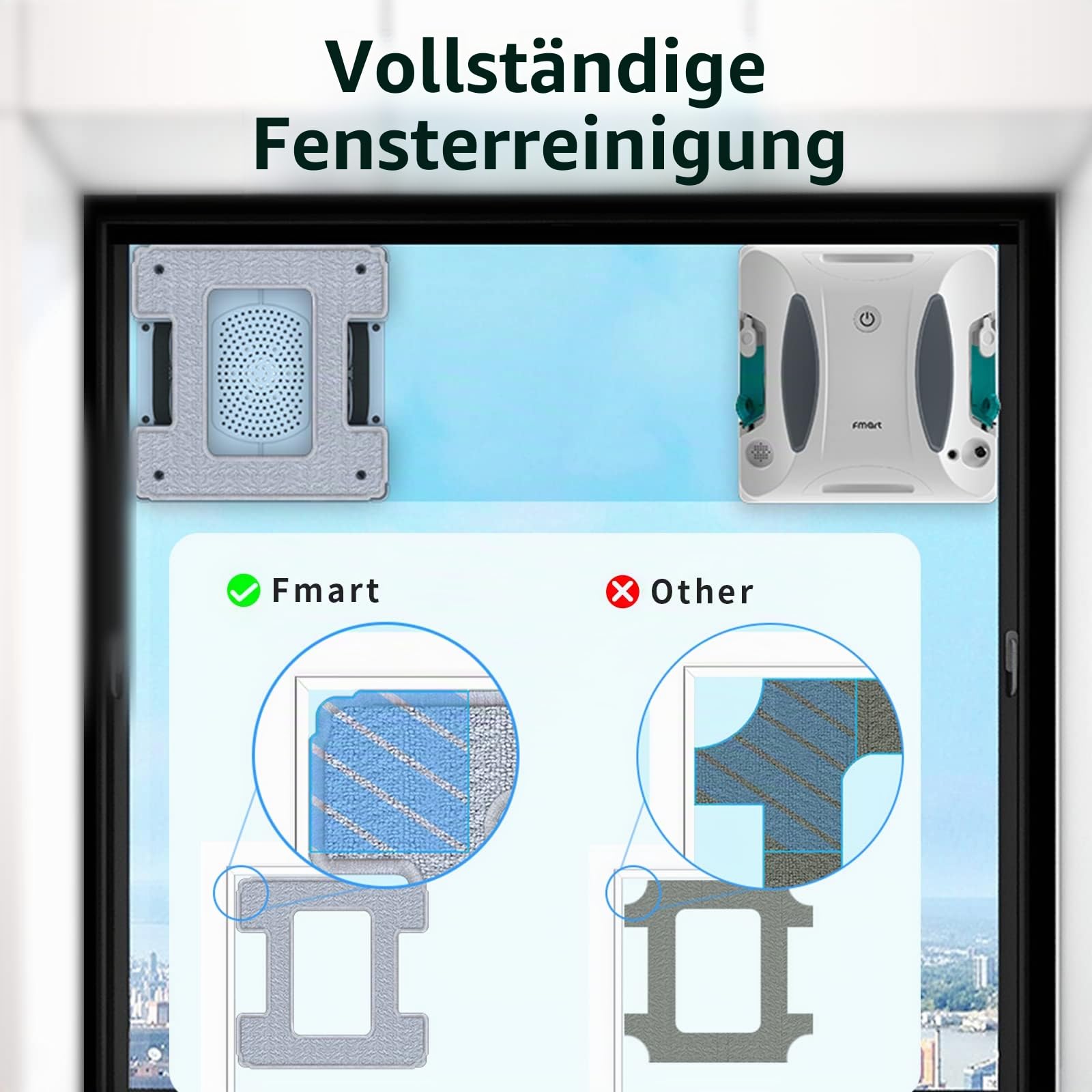 Fmart W6 fensterputzroboter mit sprühfunktion, automatischer fensterroboter, leistungsstarke 3800pa Saugkraft, 50ml Wassertank, APP-Steuerung, automatische Bahnplanung