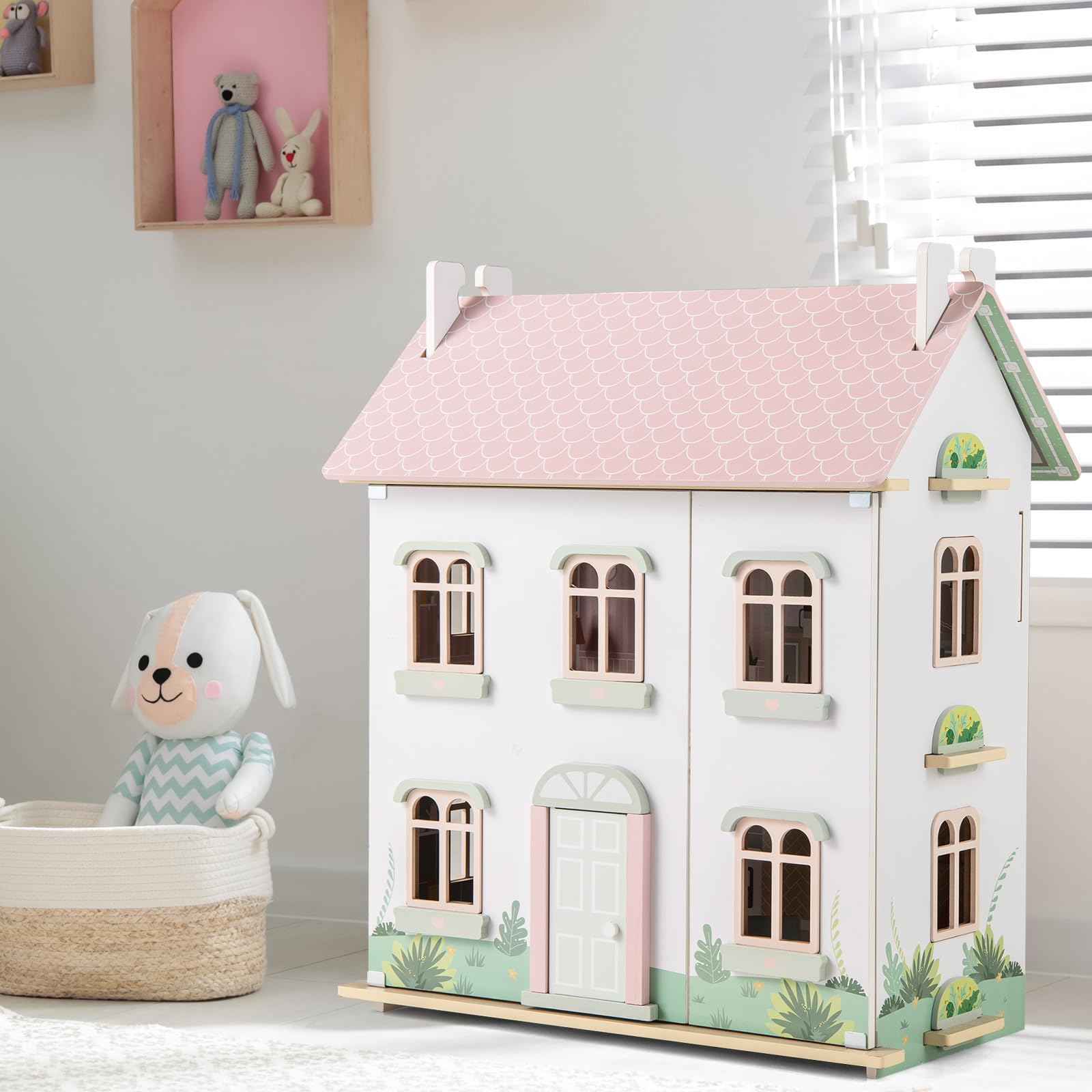 RELAX4LIFE Casa de Muñecas de 3 Pisos con Muebles, Tejado Doble y Panel Frontal Abierto, Casa de Muñecas Madera para Niños de 3-7 Años, Regalo para Niños, 55 x 33,5 x 66 cm, Rosa