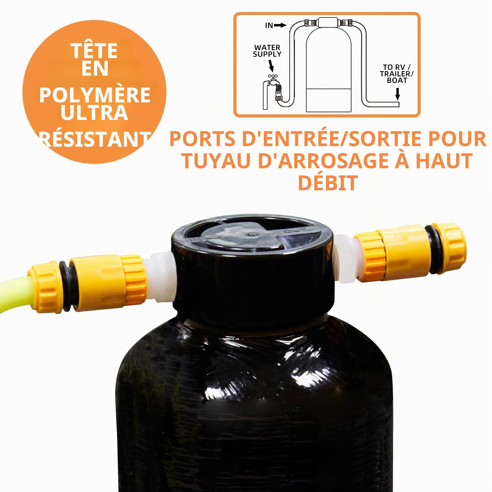 Adoucisseur d'eau portable à grain 16 000, système de filtre à eau dure adoucie pour camping-car, bateaux, lavages de voiture mobiles, lavages à pression (adoucisseur d'eau noir)