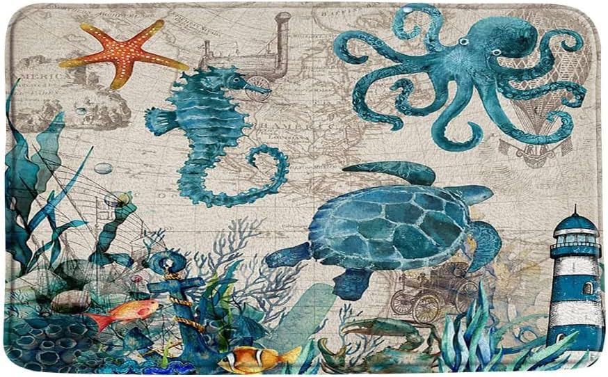 Tapete de baño de tortuga marina, animales marinos, pulpo, caballito de mar, bohemio, vintage, mapa oceánico, estrellas de mar, ancla, faro,
