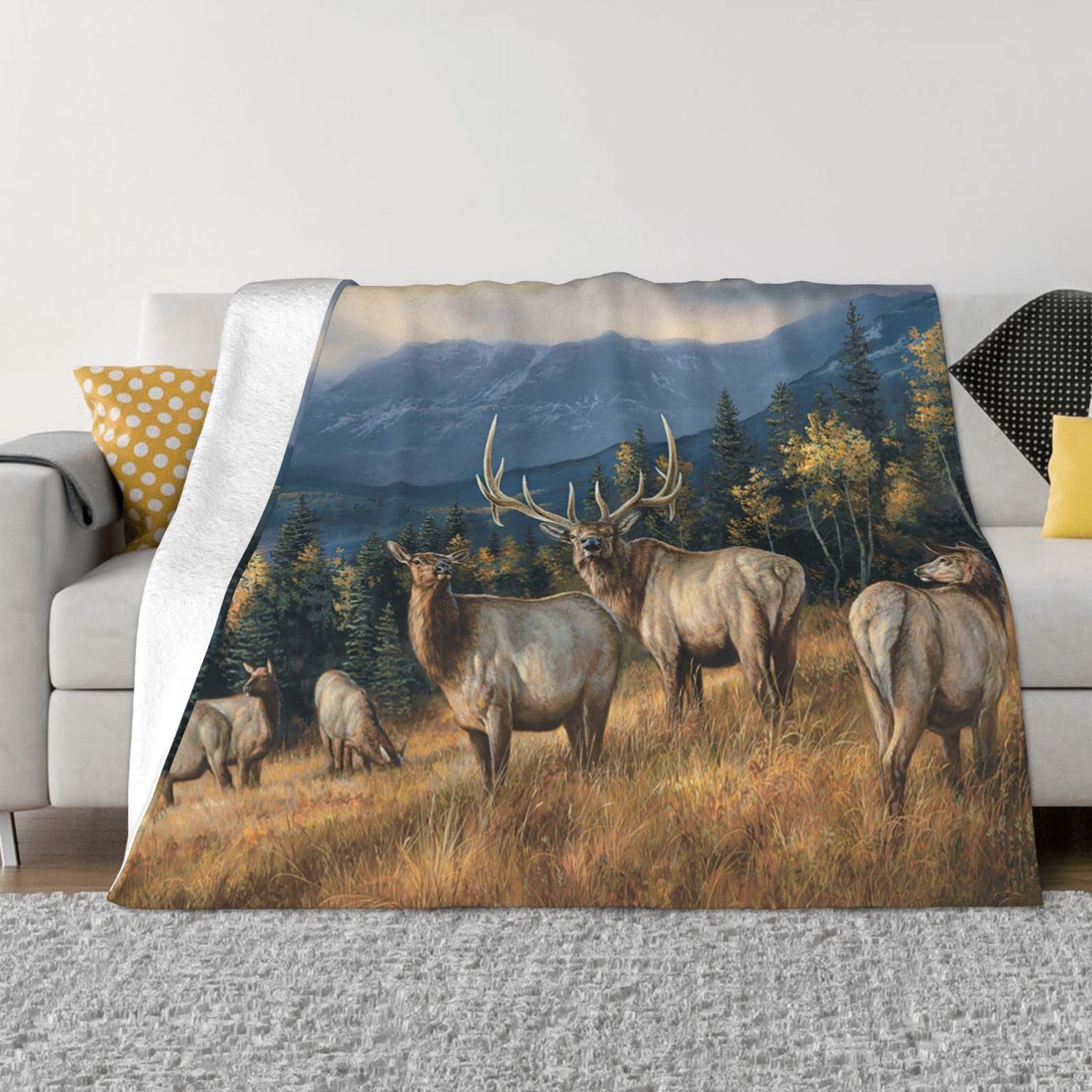 Couverture chaude en flanelle légère anti-boulochage motif élan de montagne