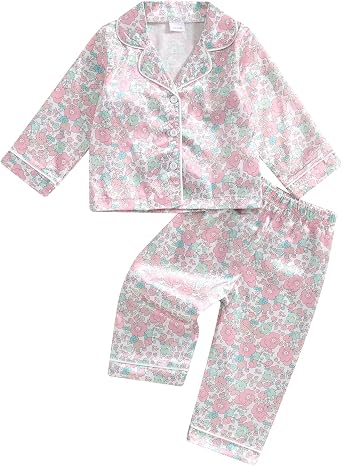 Toddler Girl Pajamas Set Cute Floral Print Button Up Long Sleeve Shirt Top Elastic Pants Loungewear Sleepwear