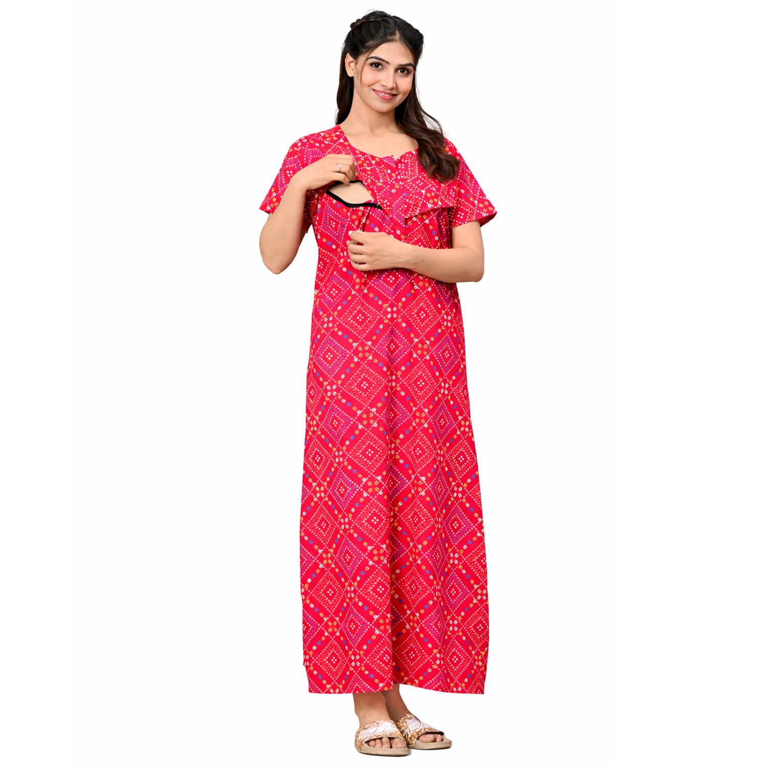 Women's Cotton Printed Feeding & Maternity Nighty | Soft Comfortable Nursing Maxi Gown for for Pregnancy | Front Zip Feeding Sleepwear Dress Pink| NT16004-image-9