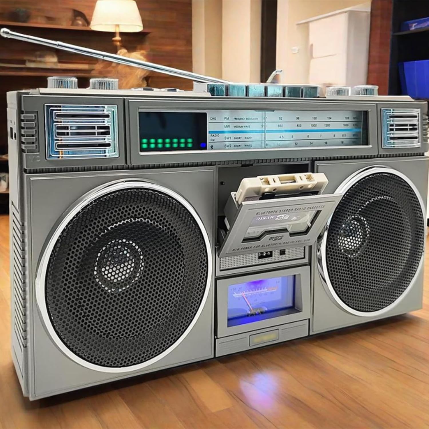 Boombox portatile Bluetooth con mini lettore di cassette, 4 altoparlanti, telecomando, slot USB/Micro SD, perfetto per riunioni di famiglia