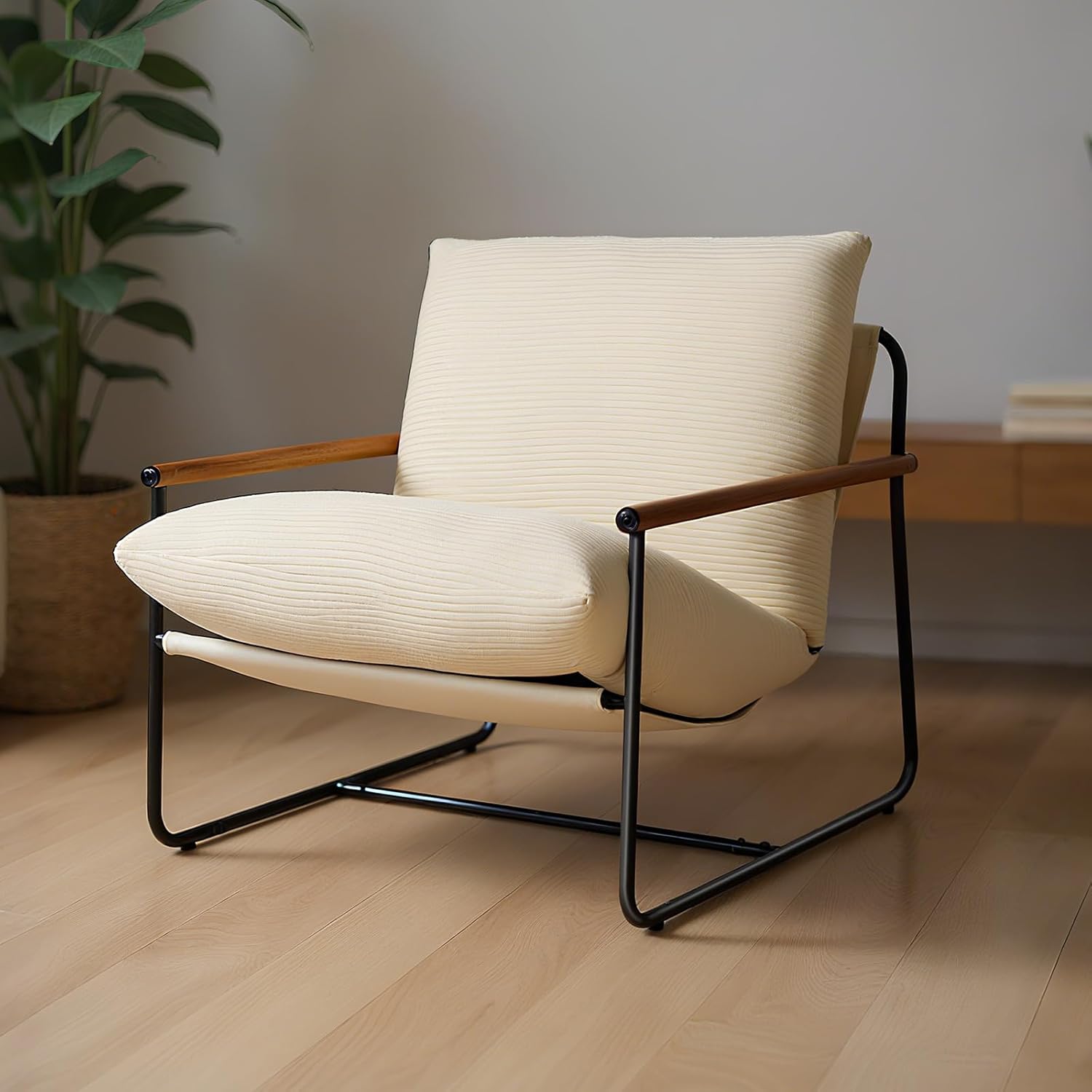 VEVOR Accent Chair, Metal Framed Chair with Wooden Armrests, Modern Cozy Upholstered Armchair, with Soft Foam Cushioning, Detachable Cushion, for Living Room, Bedroom, Reading Room, Office, Beige