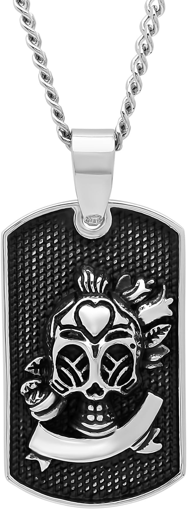 Men's Sugar Skull Dog Tag Pendant | Stainless Steel Cuban Chain 24"