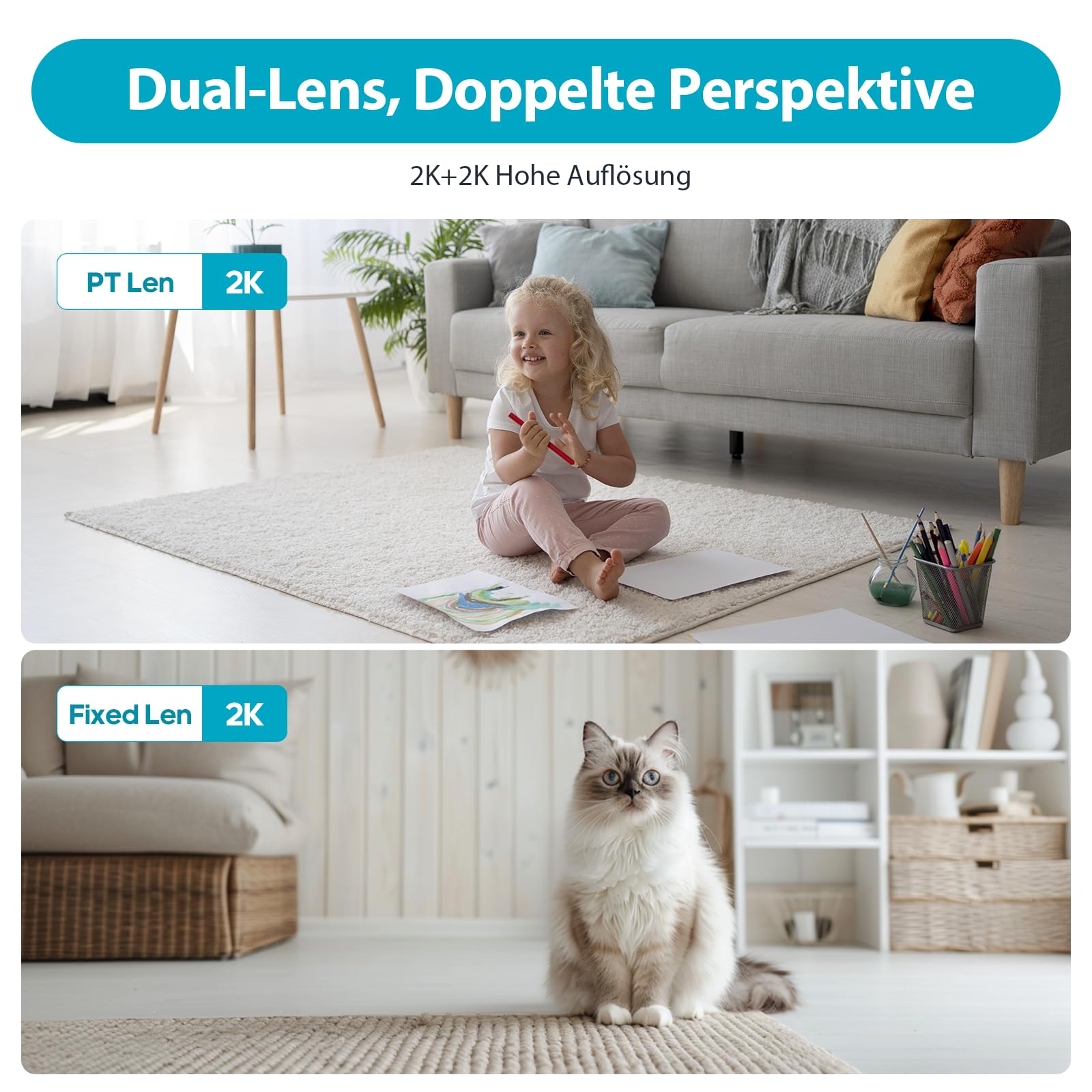Dahua Dual-Lens Pan Tilt Innenkamera 3+3MP, 2.4/5GHz WLAN, KI Personen-/Tiererkennung, Farbnachtsicht, Automatische Verfolgung, 2-Wege-Audio + Sirene, Privat-Modus, H3D，Baby & Haustier