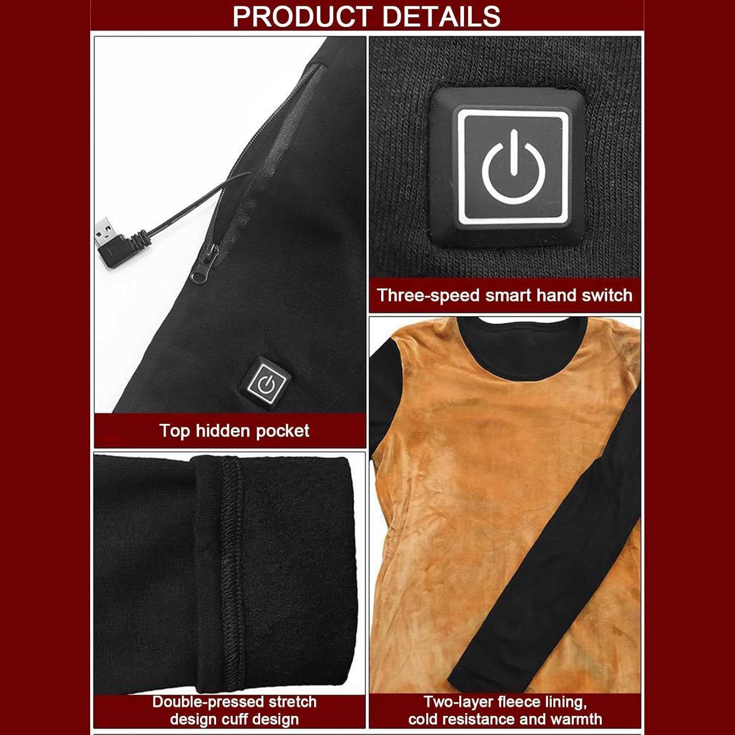 Men's Heated Thermal Underwear Shirt with USB Powered Heating Elements for Skiing Hunting Camping(No Battery)