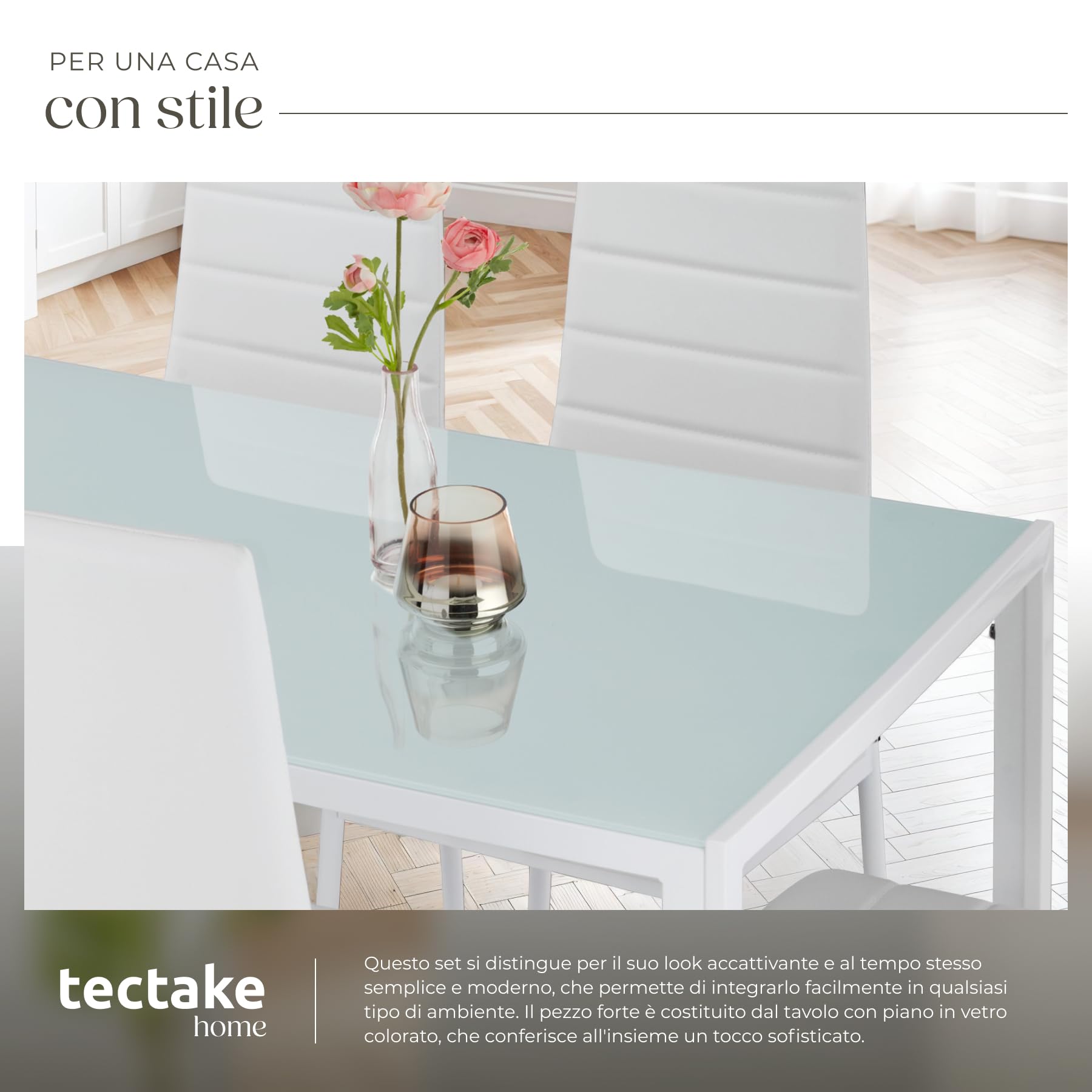 TecTake® Set di Mobili per Sala da Pranzo, 6 Sedie in Similpelle Resistente, Tavolo con Piano in Vetro, Design Moderno, Piedini SalvaPavimento, Ideale per Cucina e Soggiorno - Bianco