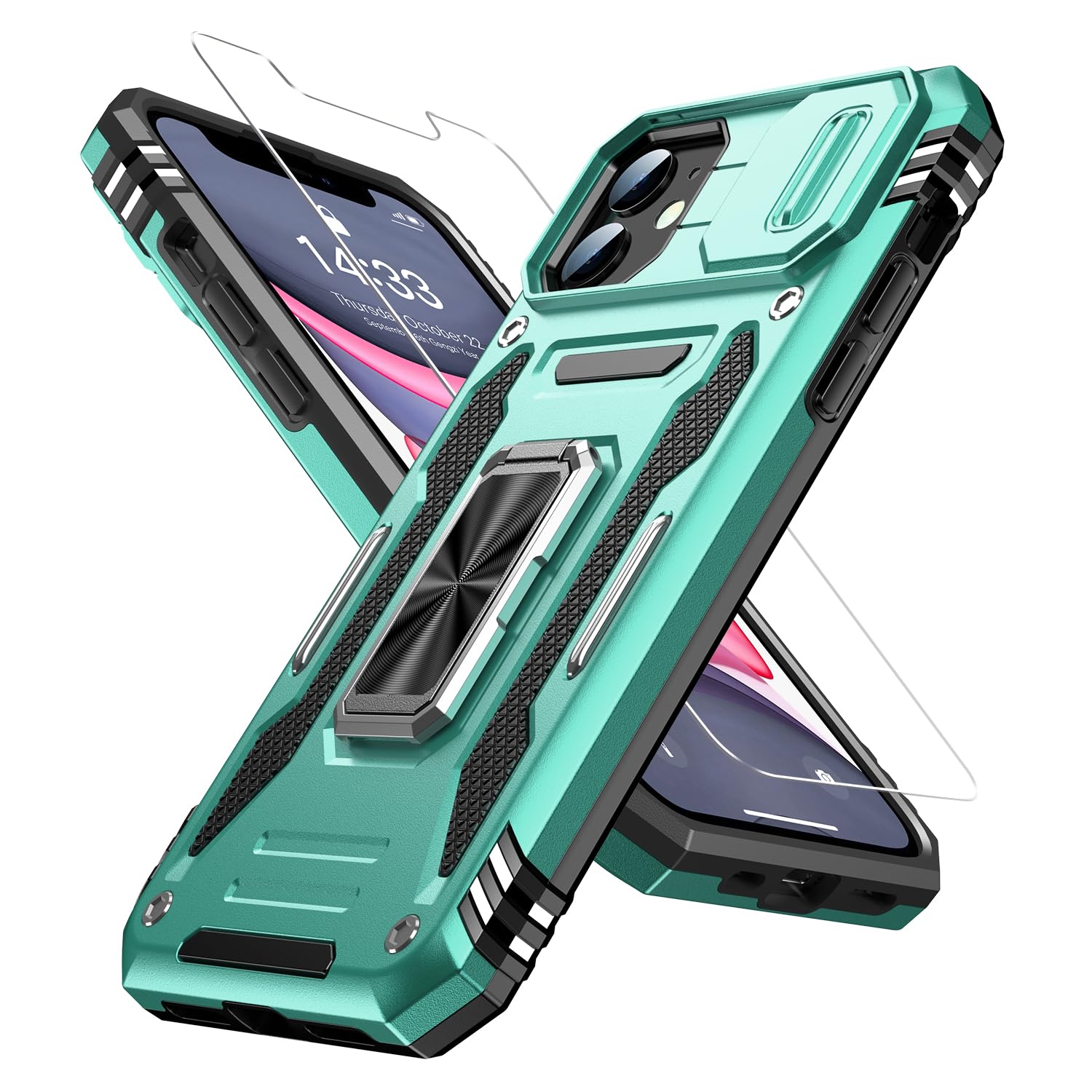 Goodon for iPhone 11 Case with Sliding Camera Cover + Screen Protector - Metal Magnetic Kickstand - Military-Grade Shockproof Matte Protective Phone Cover 6.1" for Men Women Girls - Cyan