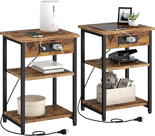Juego de 2 mesas auxiliares con estación de carga, puertos USB, 3 niveles altos con estantes de almacenamiento, soporte para tocadiscos, mesa