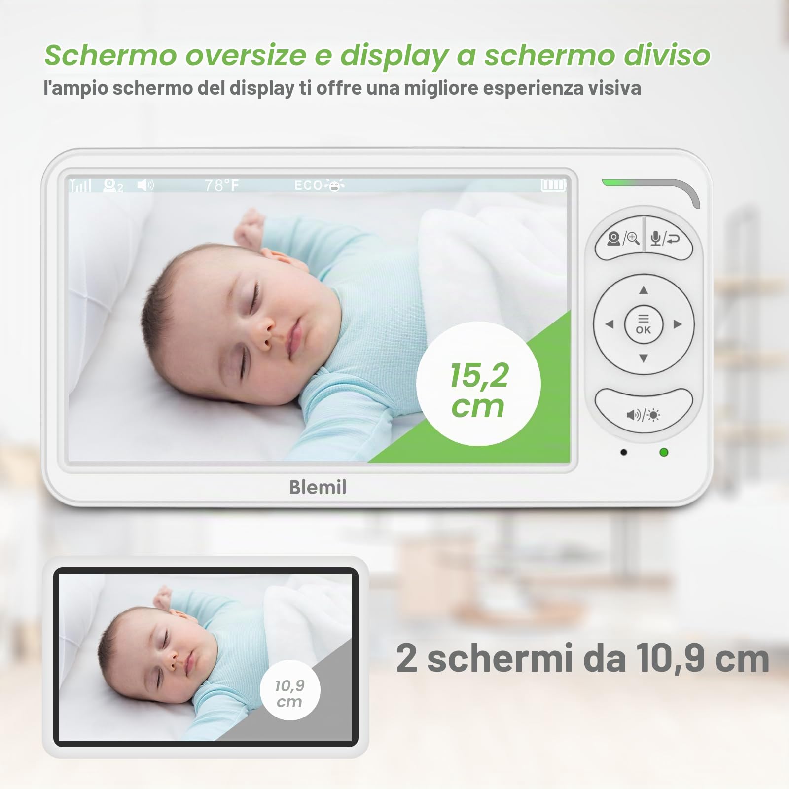 Blemil Baby monitor, Video Baby monitor con 2 telecamere e audio, 6 IPS grande schermo Split Screen Baby Monitor, Videomonitor telecamere con chiara visione notturna e 30 ore di durata della batteria | Baby monitor No WiFi, PTZ remoto, ECO, visione nottur